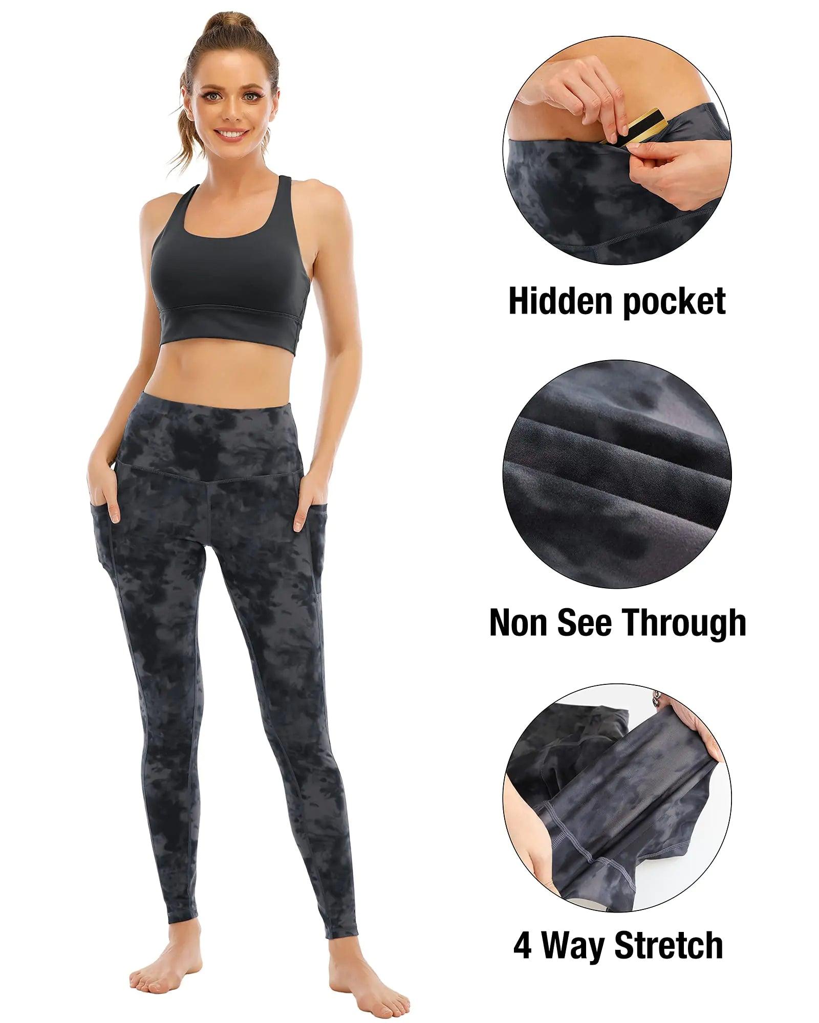 4 Pack Leggings with Pockets for Women,High Waist Tummy Control Workout Yoga Pants 3X-Large 4 Packs-black/Grass Green/Lilac Pink/Steel Blue - Evallys.com # #