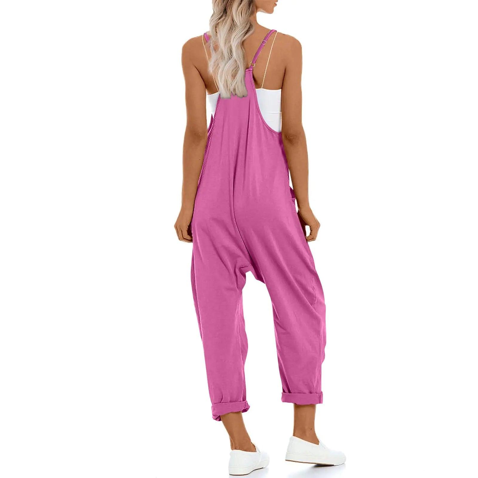 One Piece Jumpsuits for women V Neck Sleeveless Loose Fit overalls Spaghetti Strap Harem Long Pants with Pockets Purple Pink X-Large - Evallys.com # #