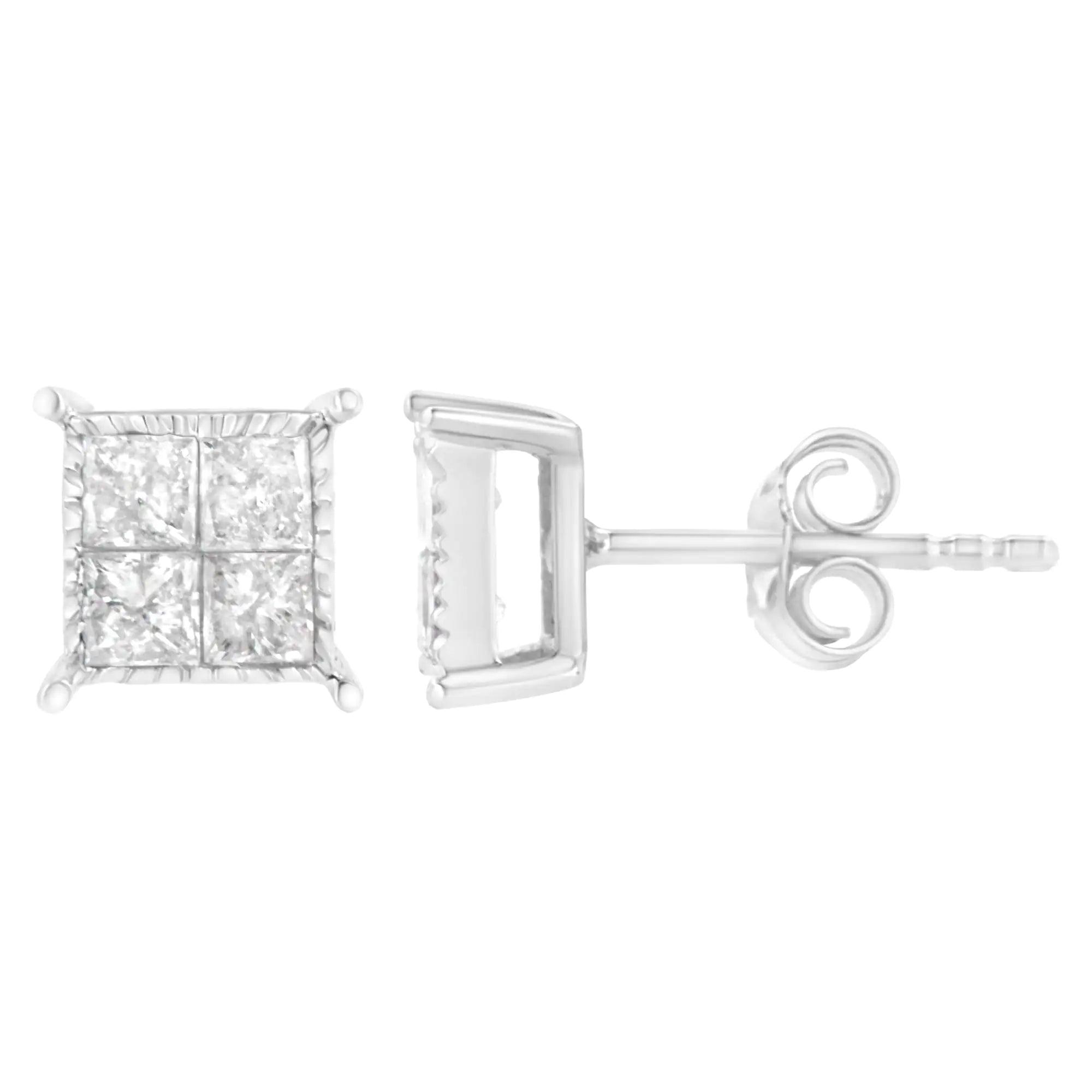 10K White Gold Square Earrings with Princess Cut Diamond (3/4 cttw, I-J Color, I2-I3 Clarity) - Evallys.com # #