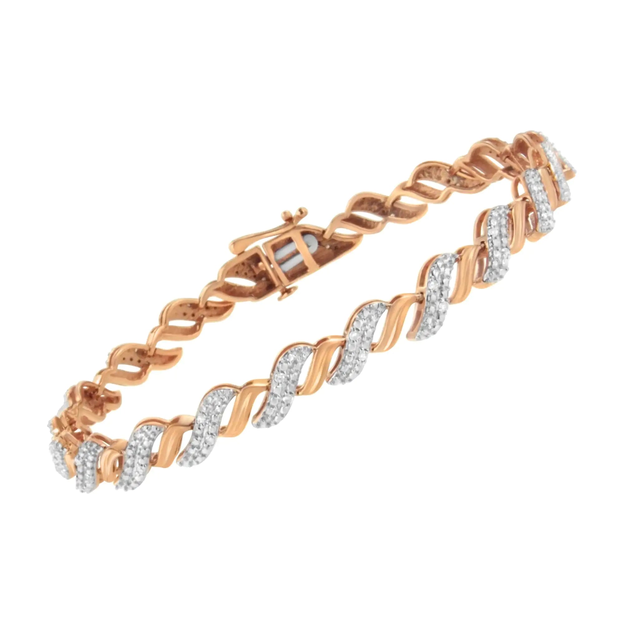 10K Rose Gold Plated .925 Sterling Silver 1/4 cttw Prong Set Round-Cut Diamond "S" Link Bracelet (I-J, I2-I3) - Size 7.25" - Evallys.com # #