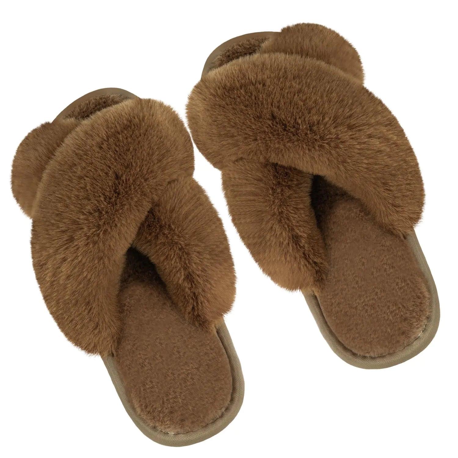 Metog Women's Fuzzy Slippers House Slippers Cross Band Slippers Indoor Outdoor Soft Open Toe Slippers 5-6 Brown - Evallys.com # #