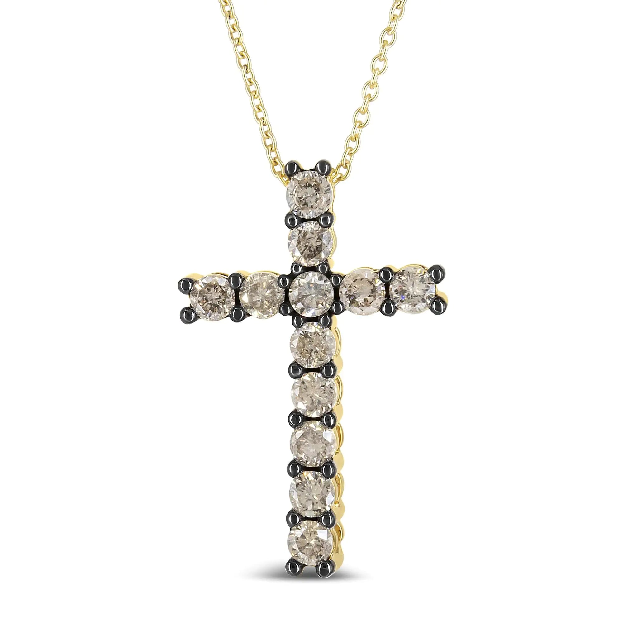 10K Yellow Gold Plated .925 Sterling Silver 1.00 Cttw Traditional Diamond Cross 18" Pendant Necklace (Champagne color, I2-I3 Clarity) - Evallys.com # #