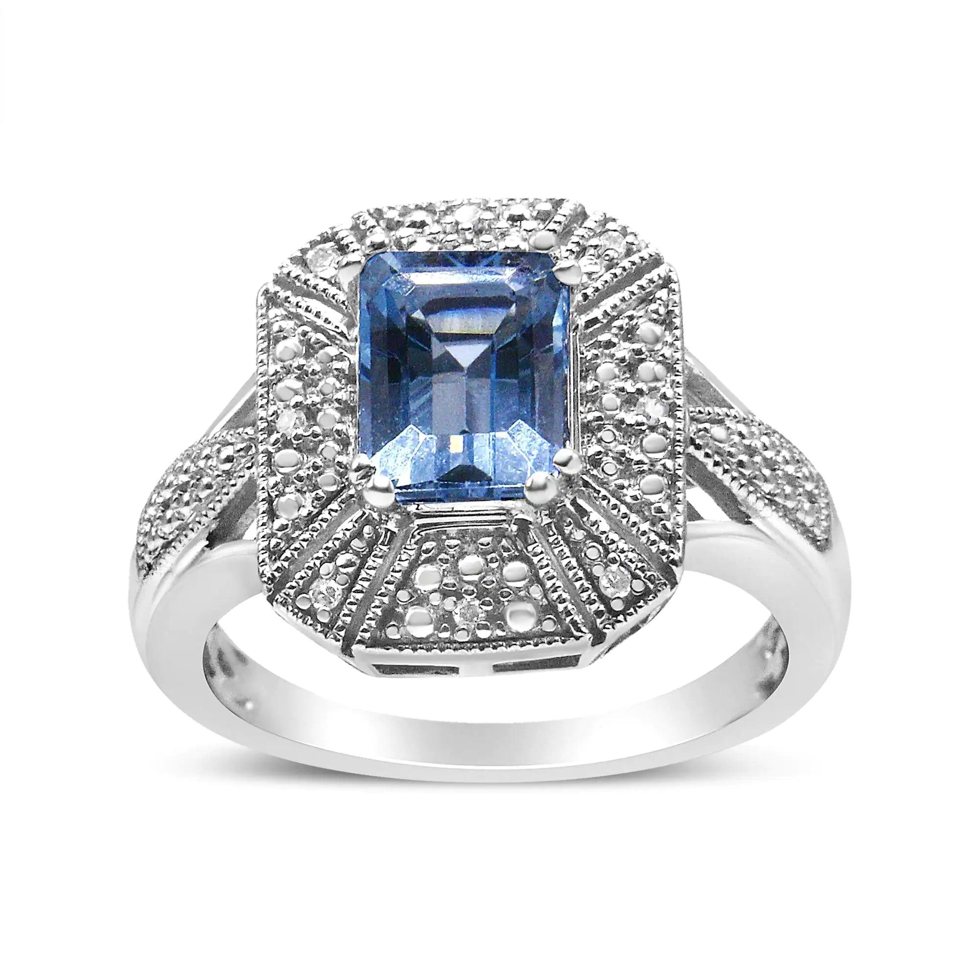 .925 Sterling Silver Diamond Accent and 8X6 mm Emerald-Shape Blue Topaz Ring (I-J Color, I2-I3 Clarity) - Evallys.com # #