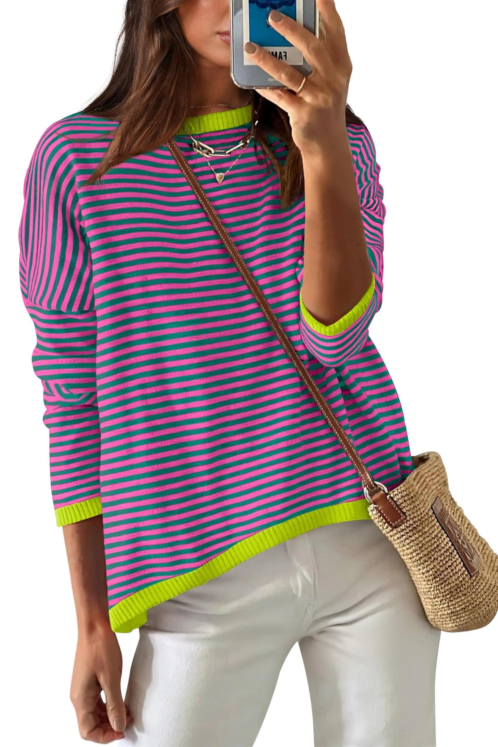 WIHOLL Womens Sweaters Dressy Casual Long Sleeve Tops Round Neck Striped Fashion Large Pink Green Striped With Grass - Evallys.com # #