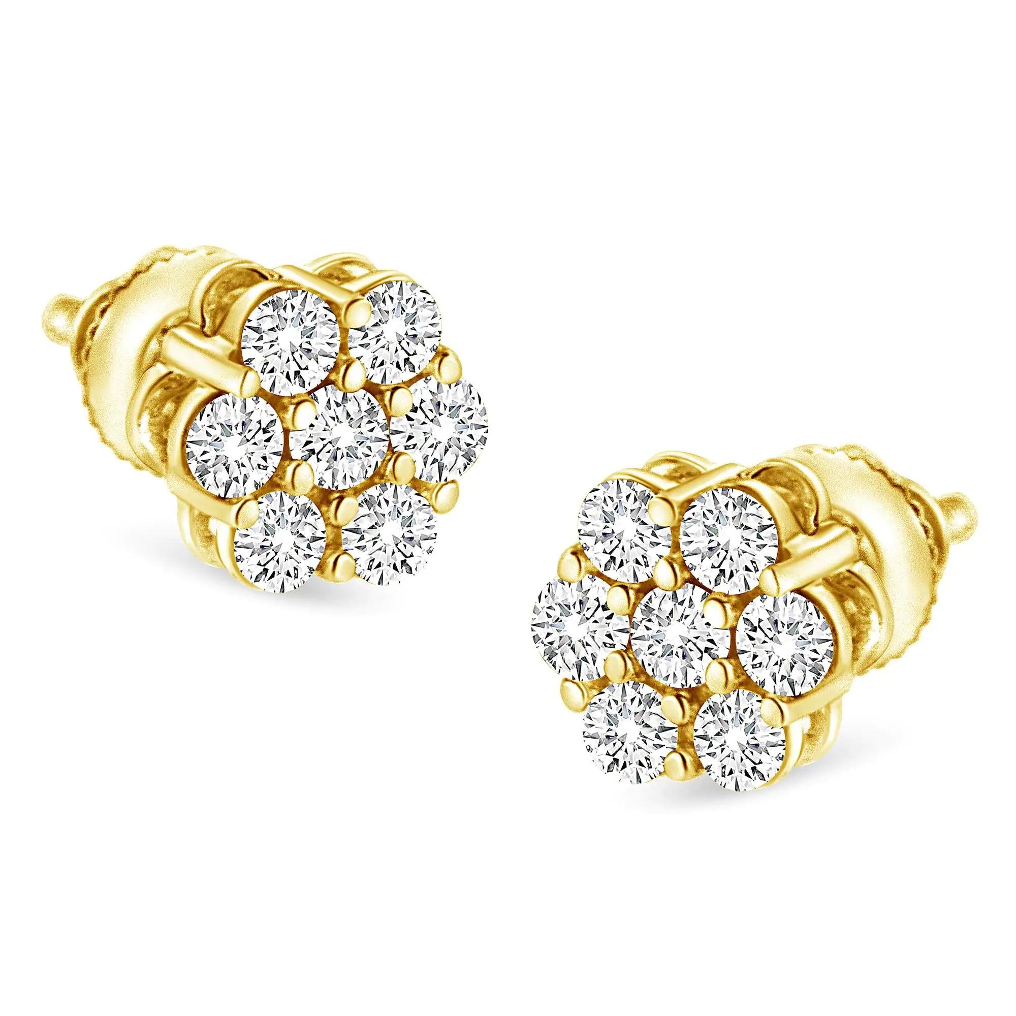 14K Yellow Gold 1/2 Cttw Round Brilliant Cut Diamond Floral Cluster Screwback Stud Earrings (I-J Color, SI2-I1 Clarity) - Evallys.com # #