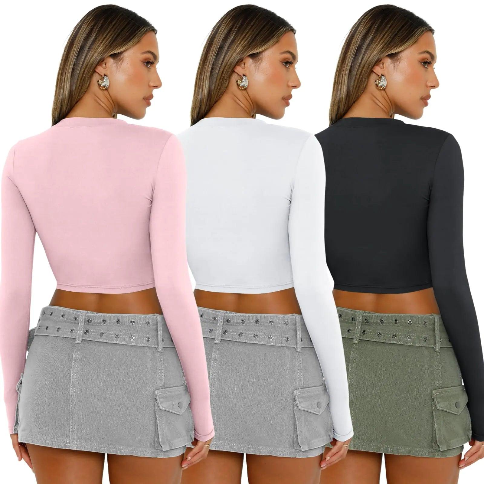 AUTOMET 3 Pack Womens Long Sleeve Shirts Y2K Going Out Crop Tops Cute Basic Slim Fitted Fall Fashion Outfits 2024 Clothes Medium Pinkwhiteblack - Evallys.com # #