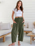 TARSE Womens Linen Wide Leg Pants Casual Loose Drawstring Low Waist Beach Palazzo Harem Pants with Pockets Large Green - Evallys.com # #