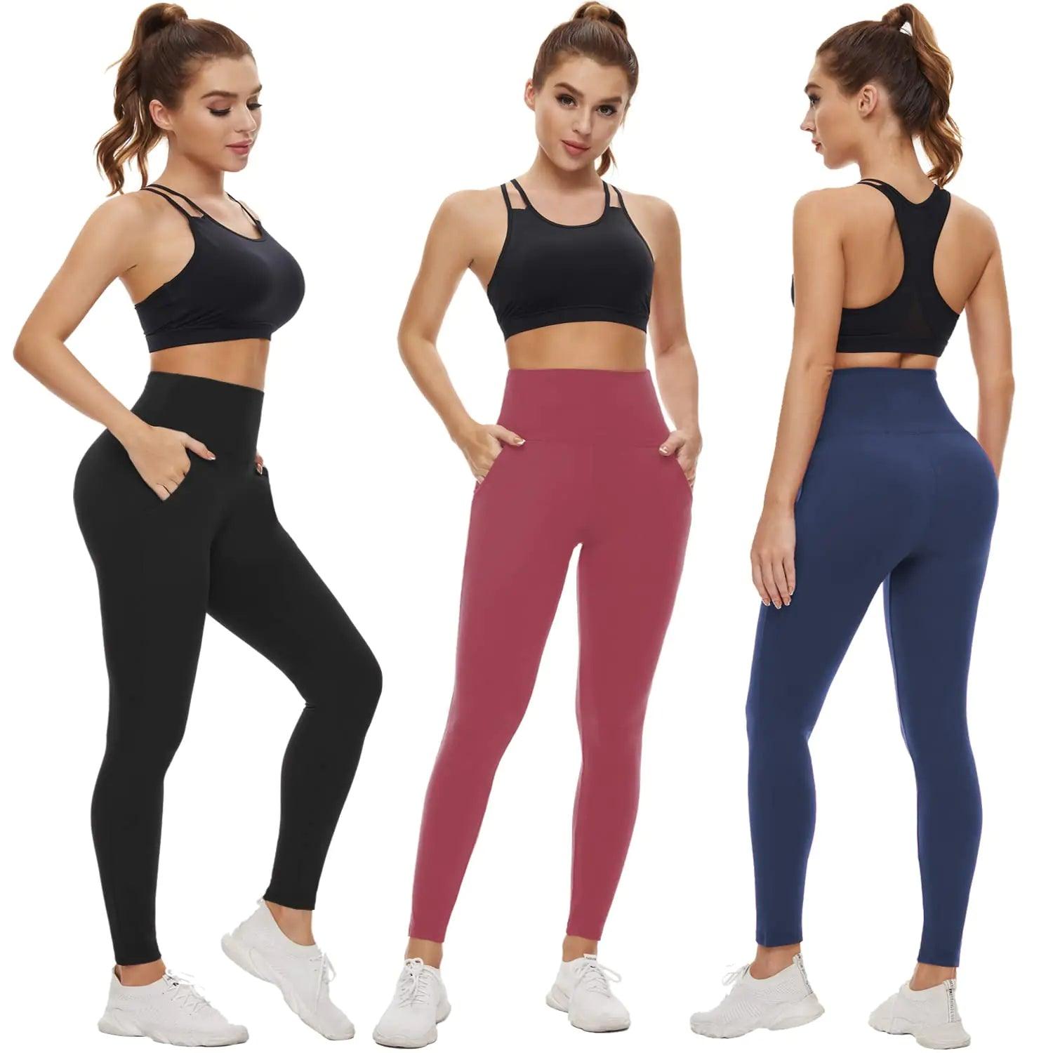 NEW YOUNG 3 Pack Leggings with Pockets for Women,High Waisted Tummy Control Workout Yoga Pants Small-Medium 3 Pack-c-black/Navy/Rose Pink - Evallys.com # #