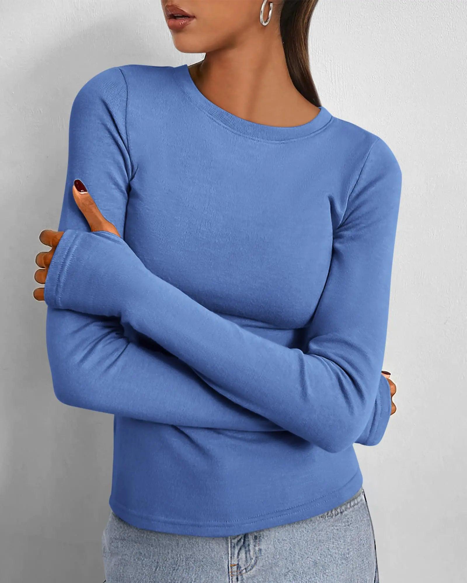 BTFBM Women's Casual Tops Fall Winter 2024 Long Sleeve Crew Neck Workout Stretchy Slim Fit Basic Y2K Going Out Shirt Small Solid Blue - Evallys.com # #