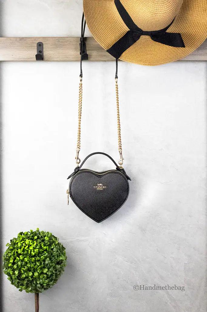 Coach Heart Small Black Crossgrain Leather Crossbody Handbag Purse - Evallys.com # #