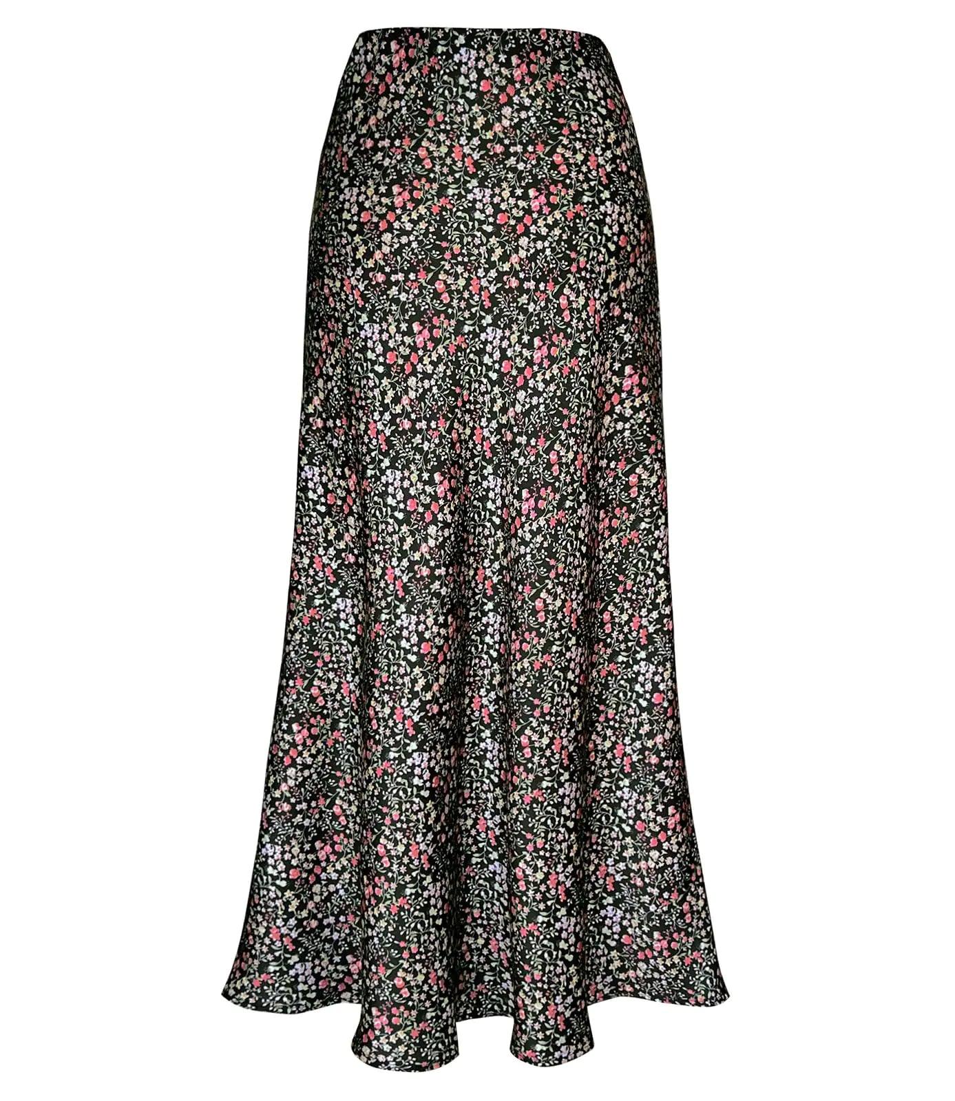 Women's Satin High Waisted Maxi Skirts Hidden Elasticized Waistband A Line Long Skirt Medium Black Flower - Evallys.com # #