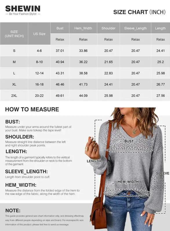 SHEWIN Womens Sweaters Casual Long Sleeve V Neck Lightweight Crochet Pullover Sweater Tops Large A Gray - Evallys.com # #