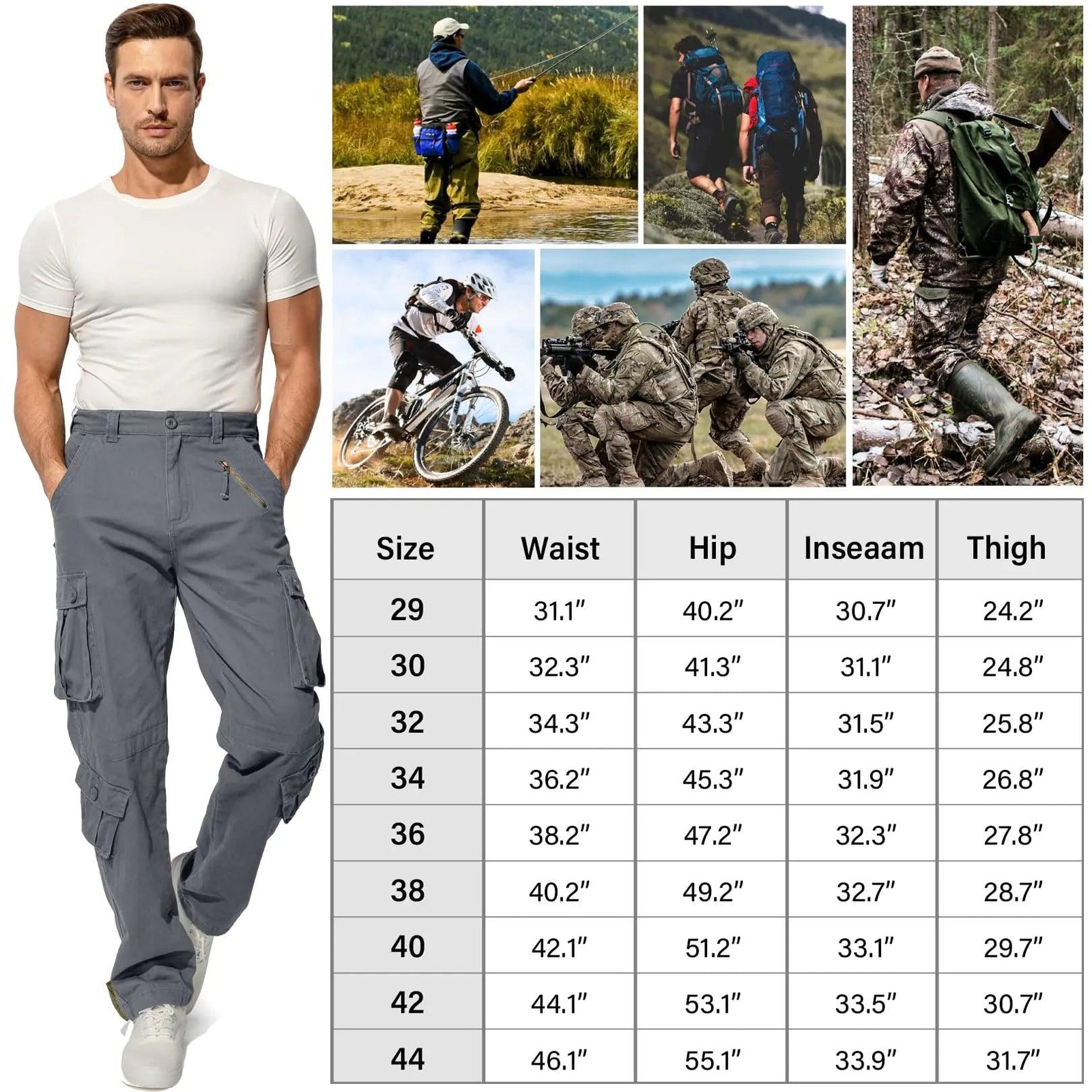 Men's BDU Casual Military Pants, Tactical Wild Army Combat ACU Rip Stop Camo Cargo Work Pants Trousers with 8 Pockets 44 Dark Grey - Evallys.com # #