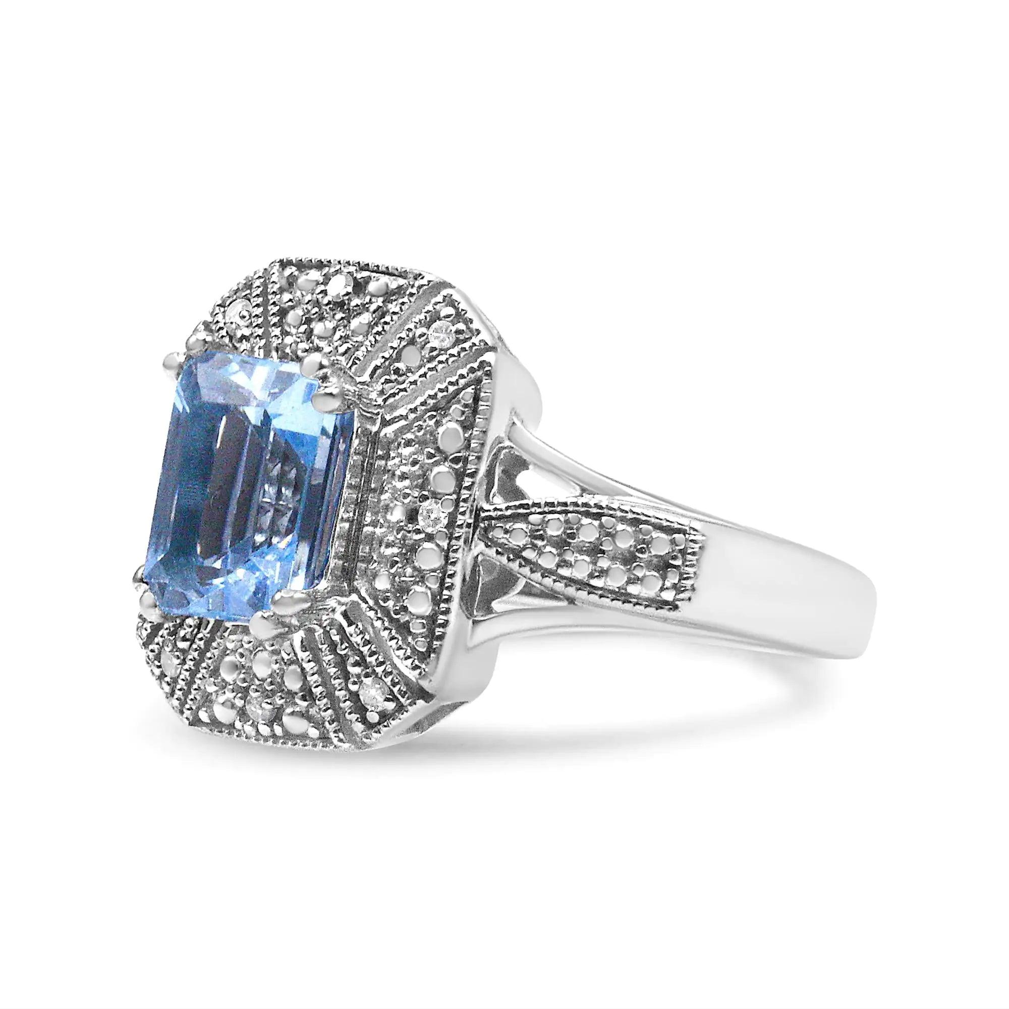 .925 Sterling Silver Diamond Accent and 8X6 mm Emerald-Shape Blue Topaz Ring (I-J Color, I2-I3 Clarity) - Evallys.com # #