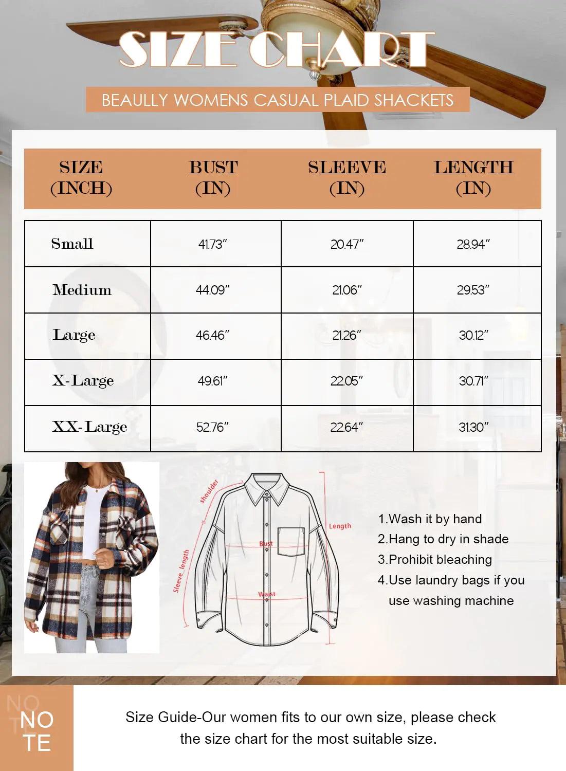 Beaully Women's Flannel Plaid Shacket Long Sleeve Button Down Shirts Jacket Coats with Side Pockets Orange X-Large - Evallys.com # #