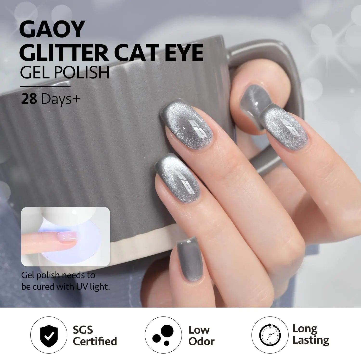 GAOY Gray Glassy Cat Eye Gel Nail Polish, 16ml Glitter Holographic Nail Polish with Magnet, Reflective Translucent UV Gel, 2282 Airy Blue - Evallys.com # #