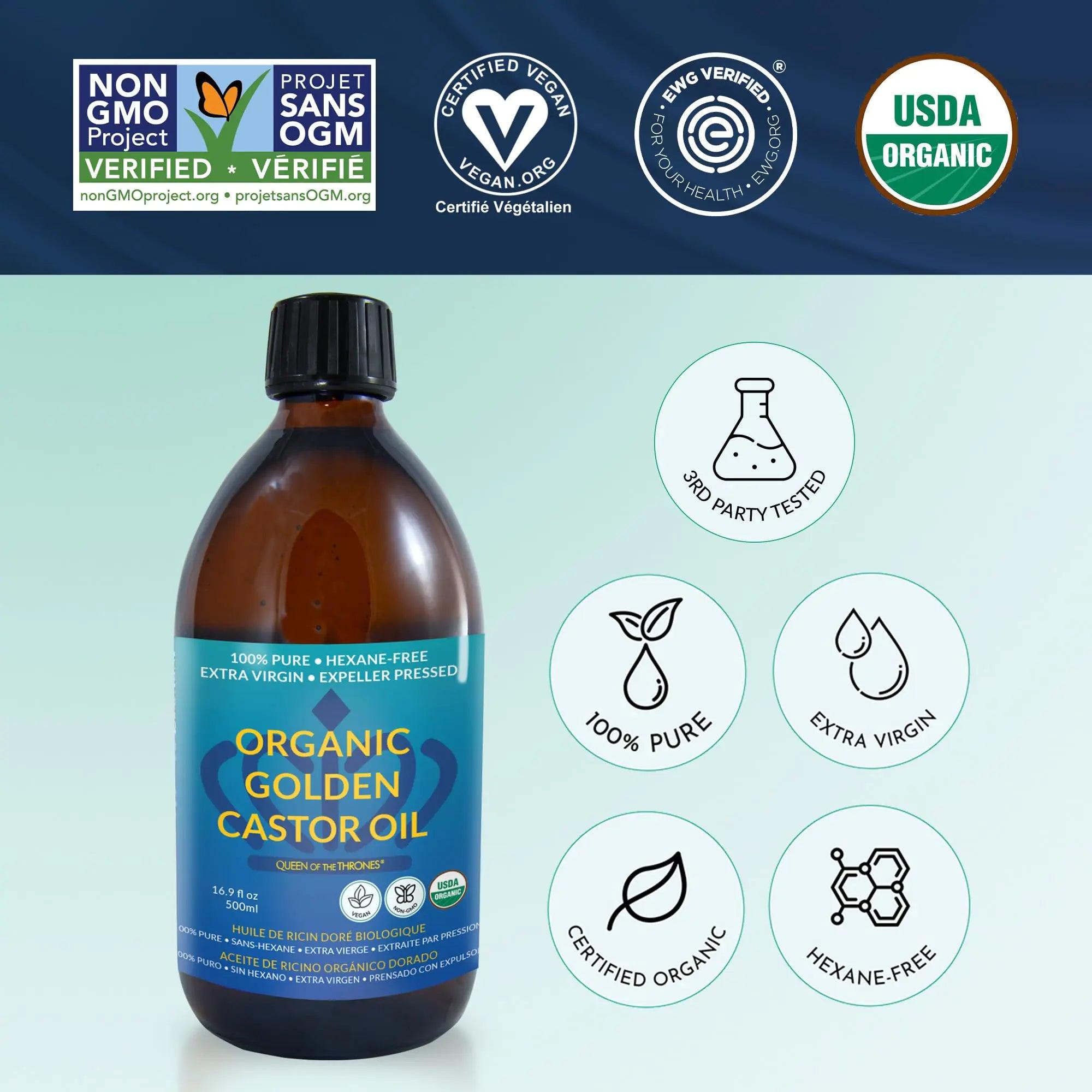 QUEEN OF THE THRONES Organic Golden Castor Oil - 500mL (16.9oz) | 100% Pure & Expeller-Pressed for Hair, Skin & Digestion | Hexane Free | USDA Certified 16.9 Fl Oz (Pack of 1) - Evallys.com # #