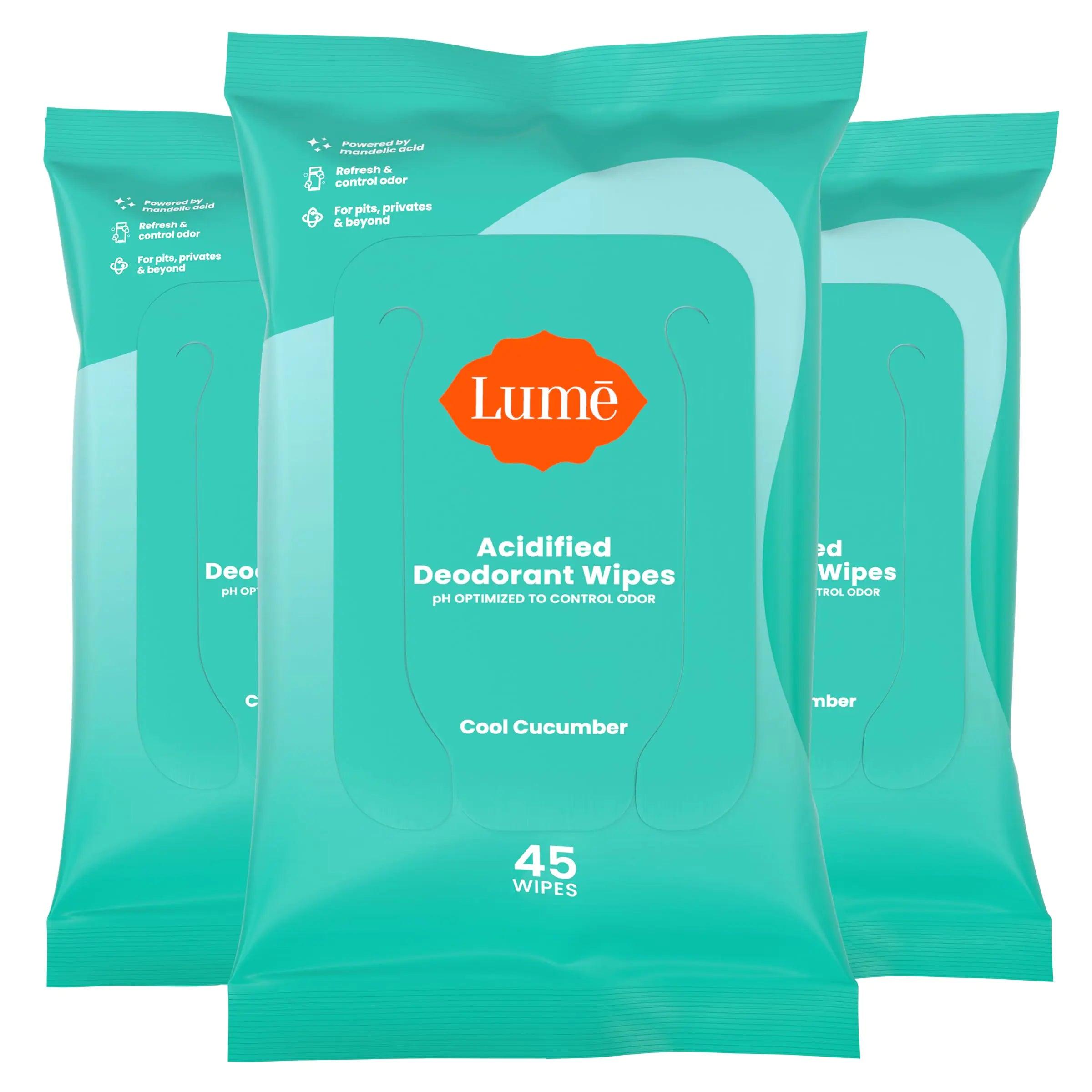 Lume Acidified Deodorant Wipes - 24 Hour Odor Control - Aluminum Free, Baking Soda Free, Skin Loving - 45 Count (Pack of 3) (Cool Cucumber) 45 Count (Pack of 3) - Evallys.com # #