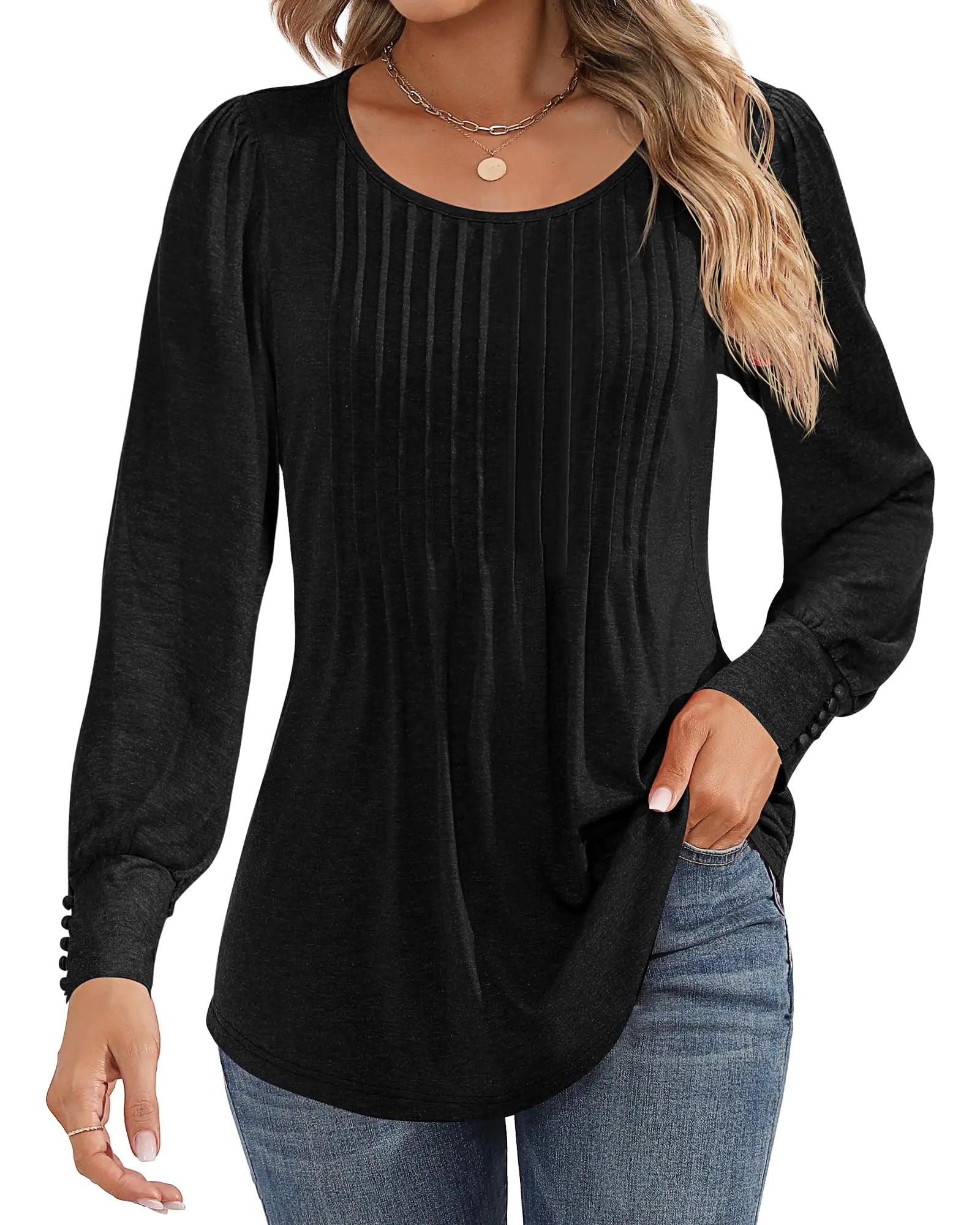 Ficerd Women's Puff Long Sleeve Tunic Tops Pleated Crew Neck Blouses Dressy Casual Loose Fit Fall and Winter Shirts Pink Floral Large - Evallys.com