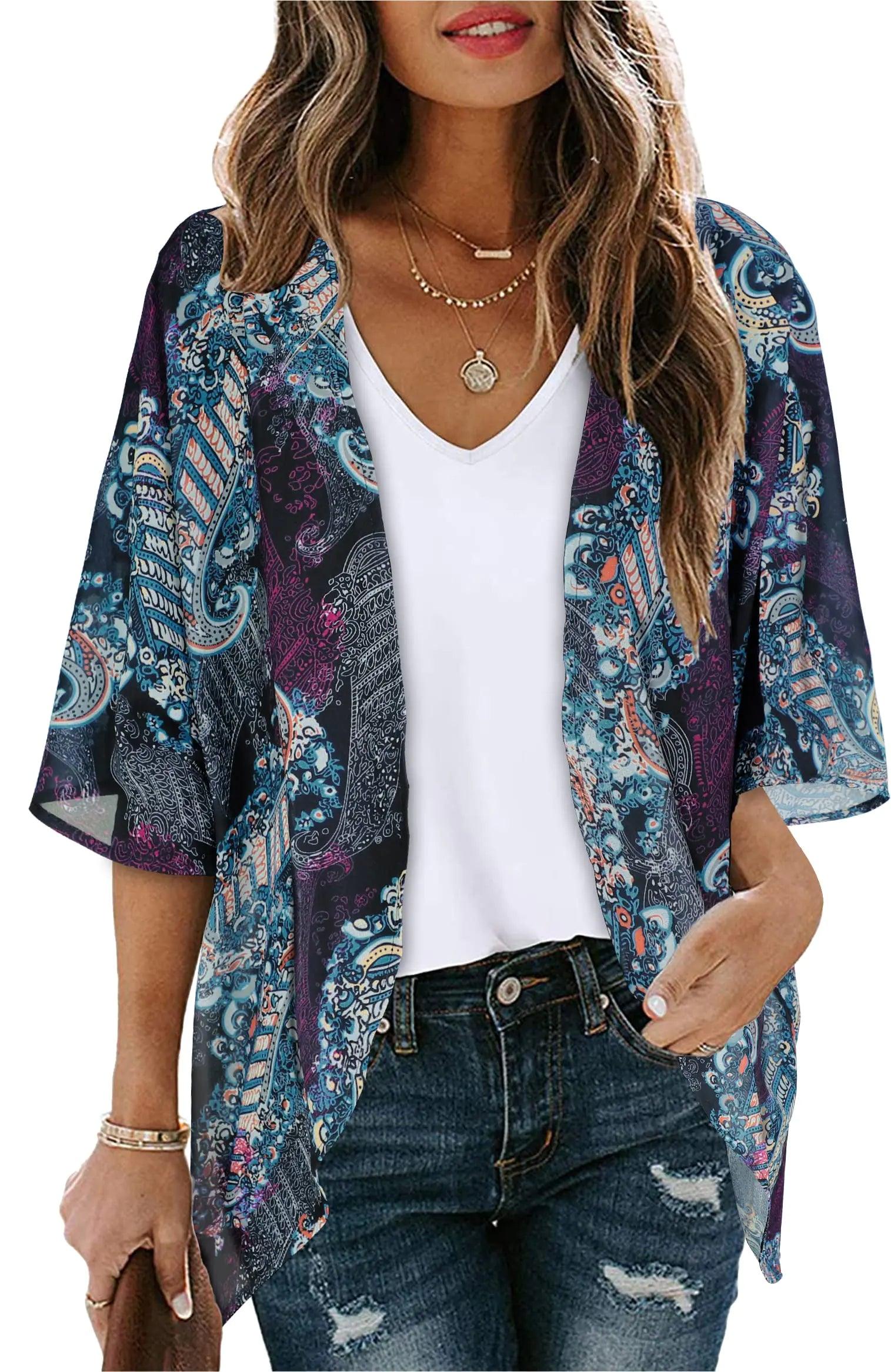 Women's Floral Print Puff Sleeve Kimono Cardigan Loose Cover Up Casual Blouse Tops Small Orange Black - Evallys.com