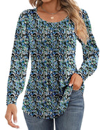 Ficerd Women's Puff Long Sleeve Tunic Tops Pleated Crew Neck Blouses Dressy Casual Loose Fit Fall and Winter Shirts Pink Floral Large - Evallys.com