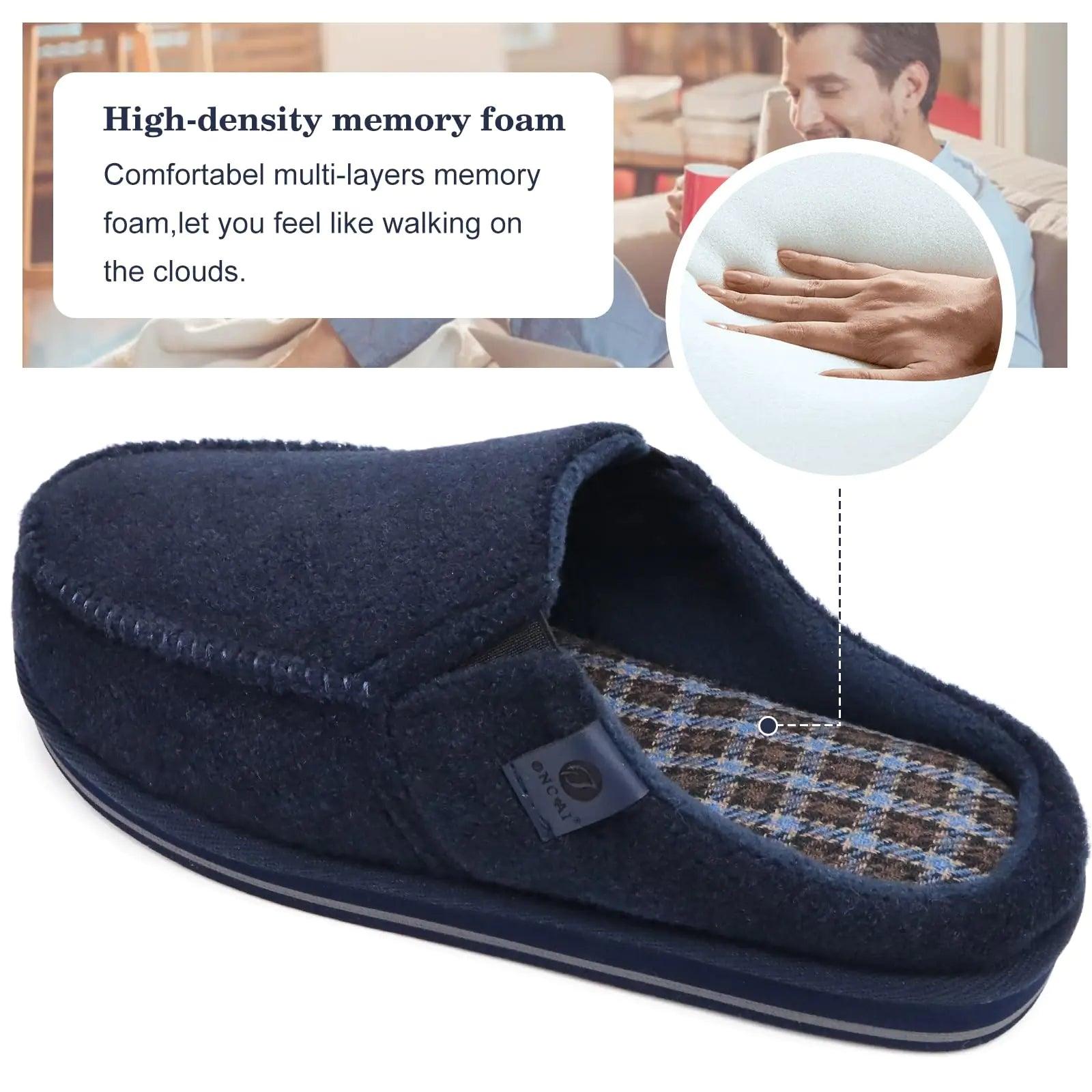 ONCAI Mens Clog Slippers with Arch Support Stripe Faux Fur Cotton-Blend High-Density Memory Foam Warm House Slippers Slip-on Indoor Outdoor Rubber Sole Size 7-16 9 Felt Blue - Evallys.com # #