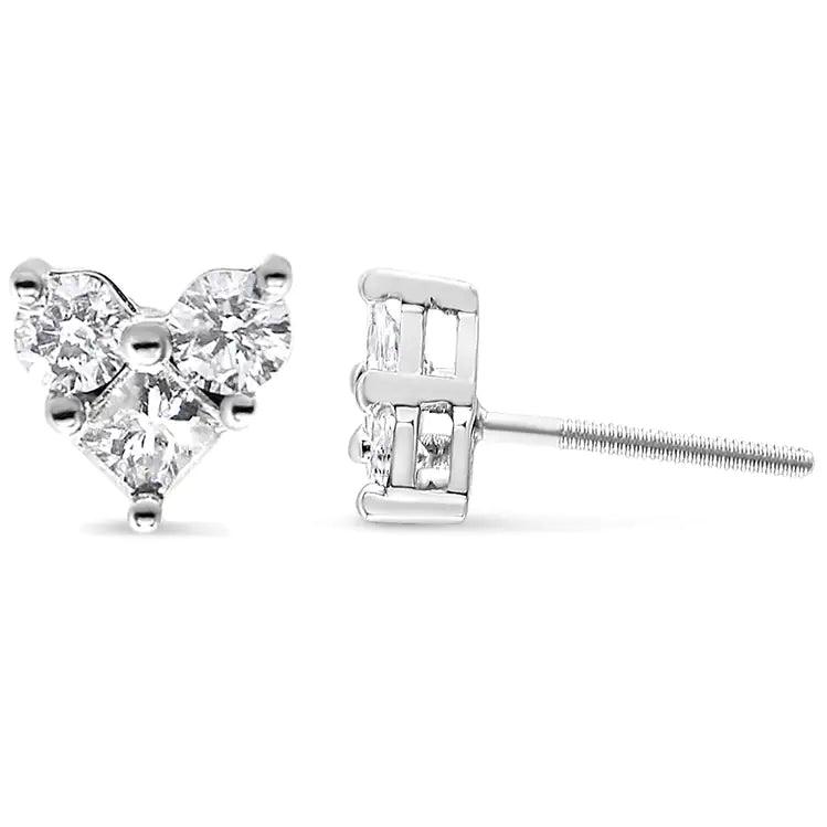 10K White Gold Diamond 3 Stone Trio Heart Stud Earring (I-J Color, I1-I2 Clarity) - Evallys.com # #