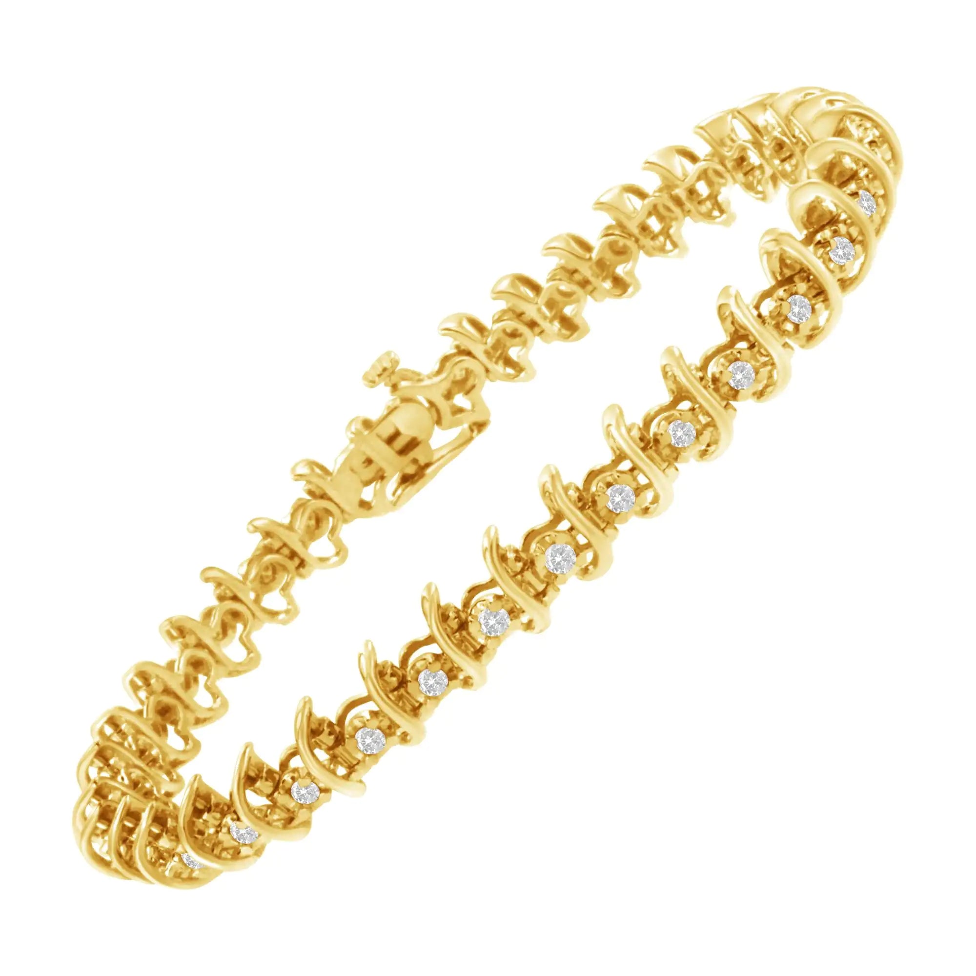 10KT Yellow Gold Plated .925 Sterling Silver 1 cttw Prong-Set Diamond Link Bracelet (J-K, I1-I2) - 7.5" - Evallys.com # #