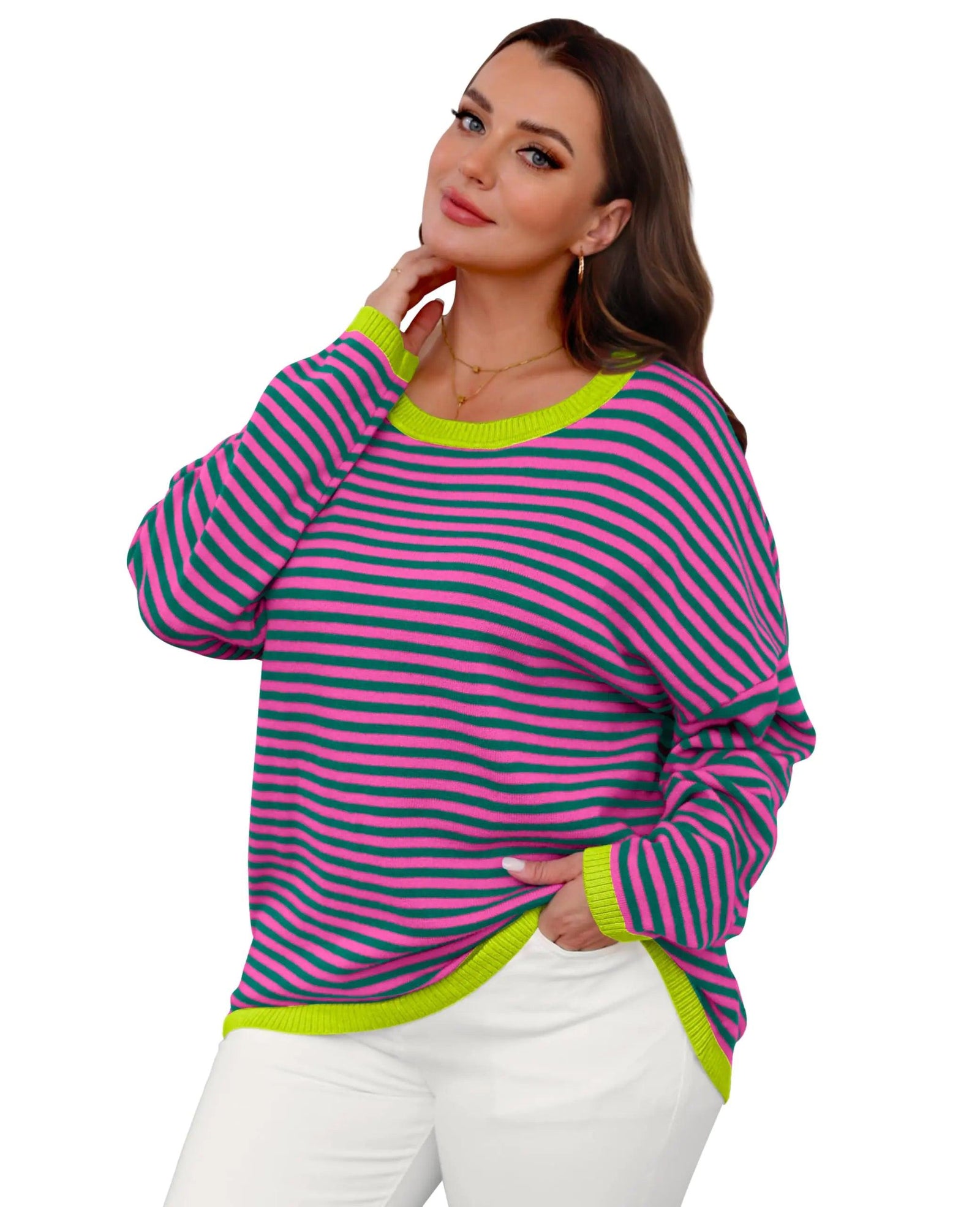 WIHOLL Womens Sweaters Dressy Casual Long Sleeve Tops Round Neck Striped Fashion Large Pink Green Striped With Grass - Evallys.com # #