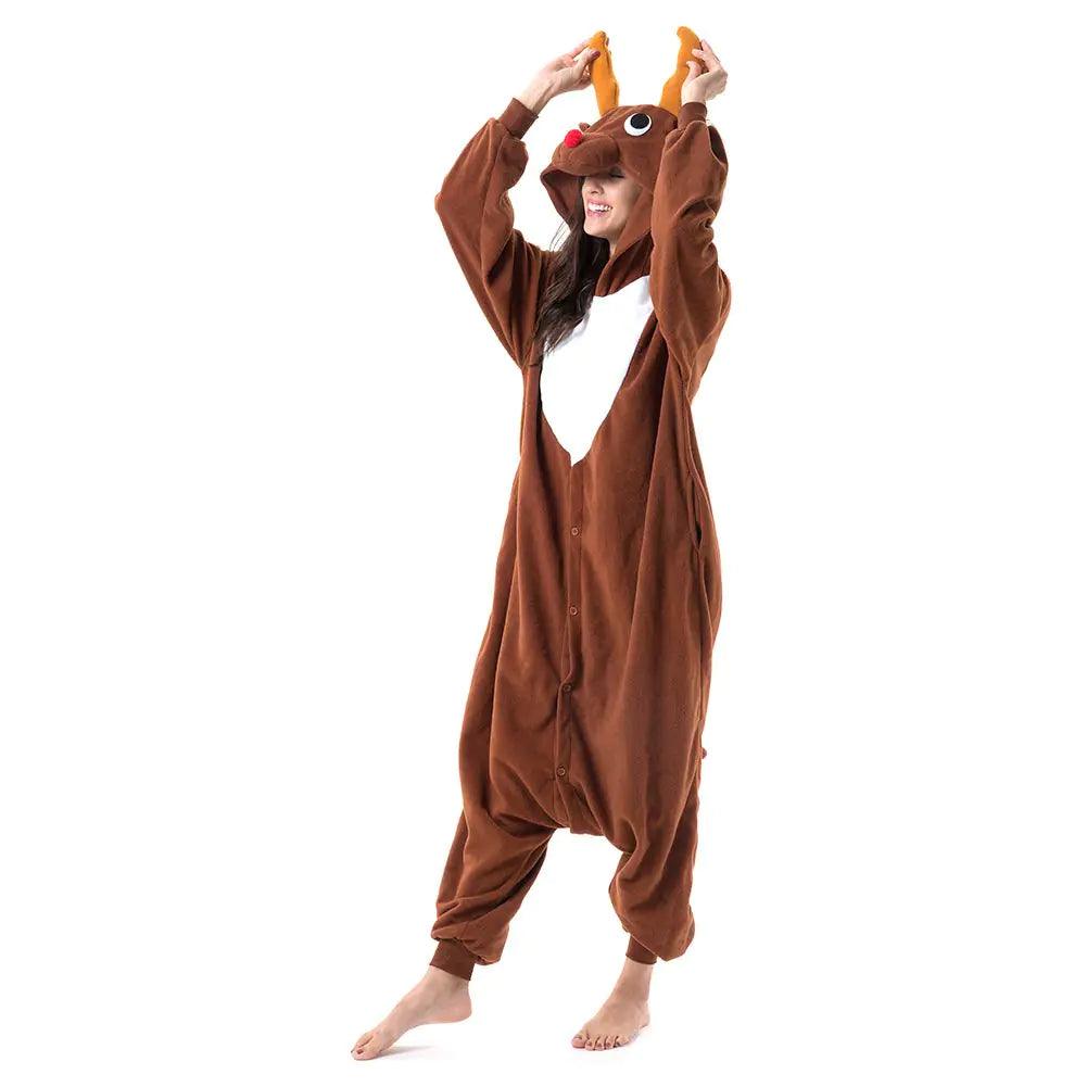 Beauty Shine Unisex Adult Onesie One Piece Pajamas Cosplay Cartoon Costume Halloween Christmas Sleepwear Jumpsuit Homewear Large Coffee Reindeer - Evallys.com # #