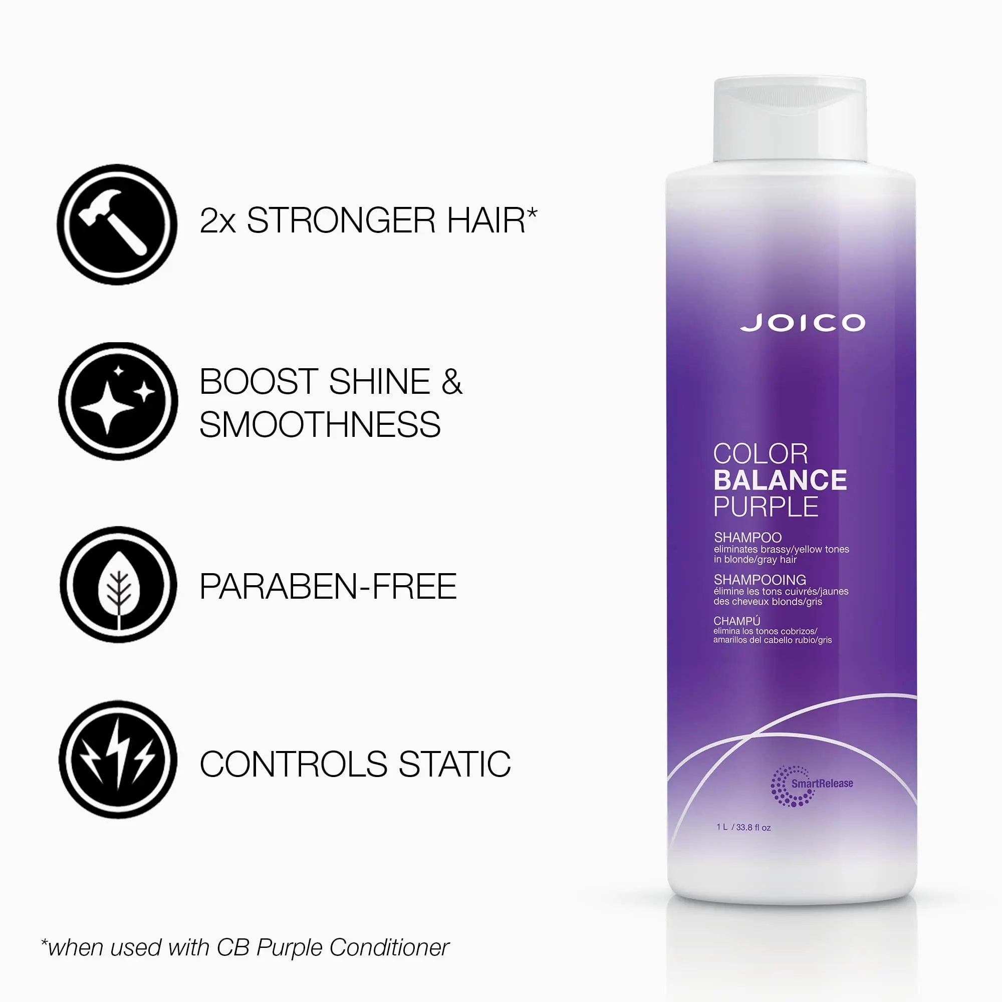 Joico Color Balance Purple Shampoo | For Cool Blonde or Gray Hair | Eliminate Brassy Yellow Tones | Boost Color Vibrancy & Shine | UV Protection | With Rosehip Oil & Green Tea Extract 33.8 oz, New Look - Evallys.com # #