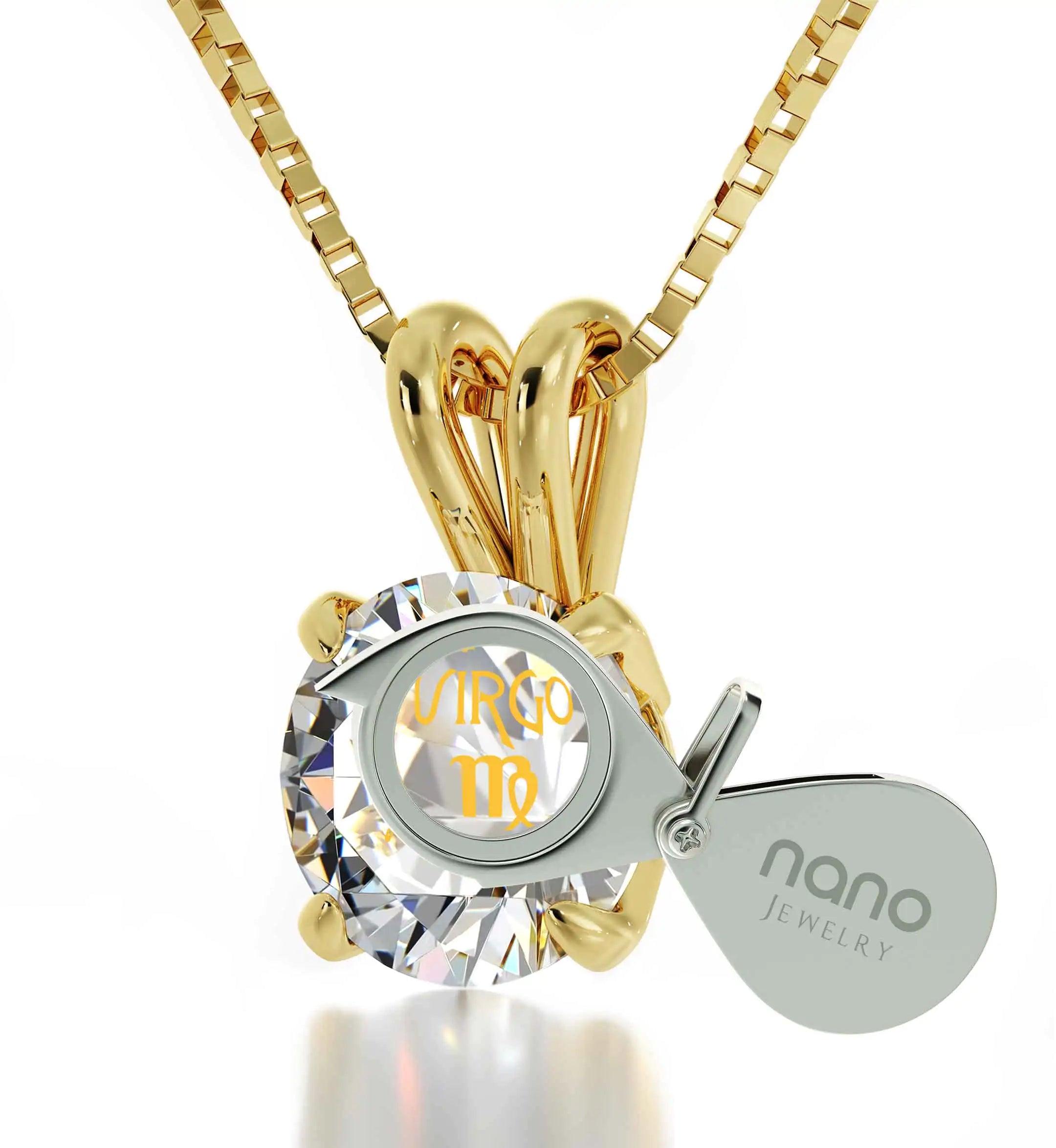 14k Yellow Gold Virgo Necklace Zodiac Pendant 24k Gold inscribed on Crystal - Evallys.com # #