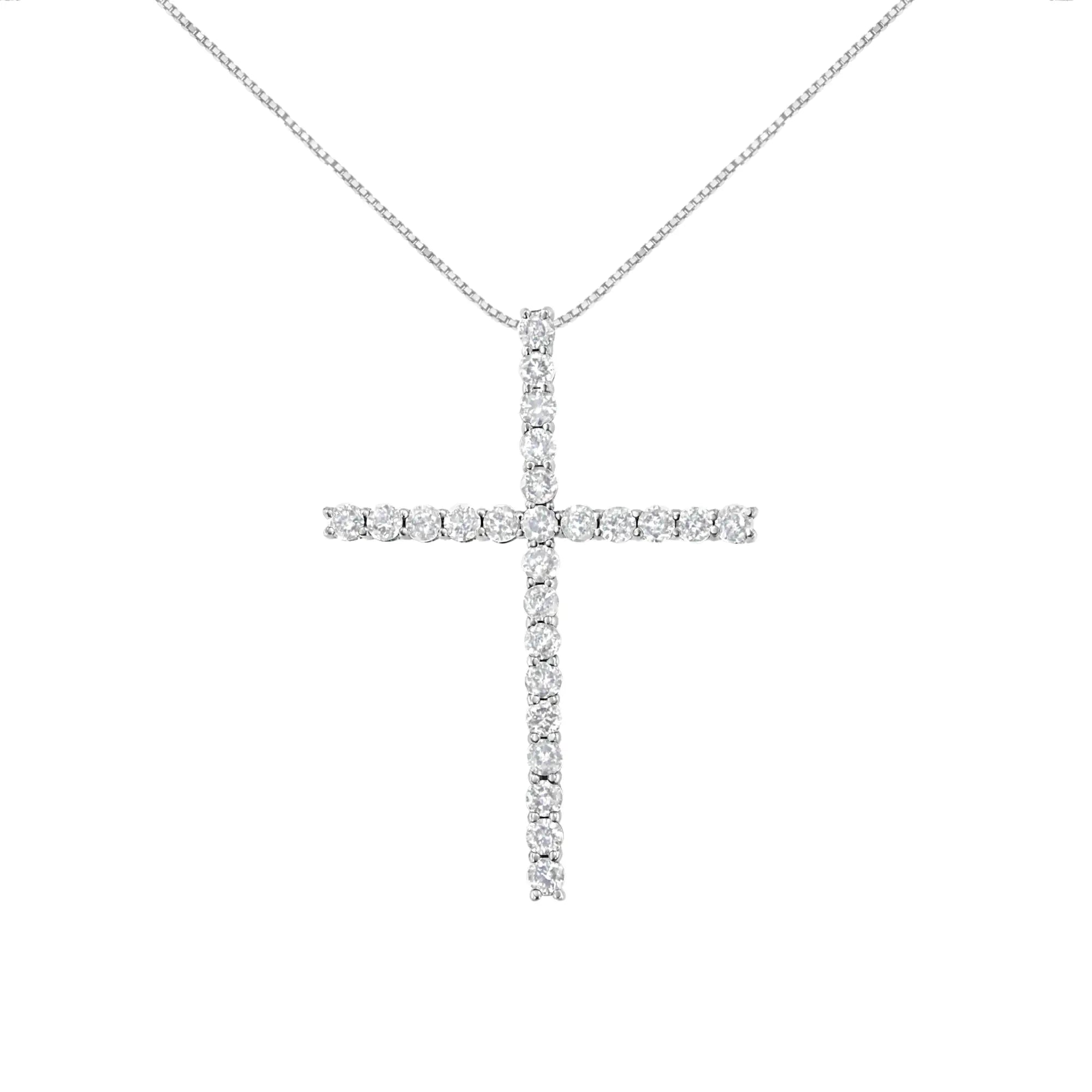 .925 Sterling Silver 2.0 Cttw Round Shape Diamond 1-1/4" Cross Pendant with Box Chain Necklace (I-J Color, I1-I2 Clarity) - 18" - Evallys.com # #