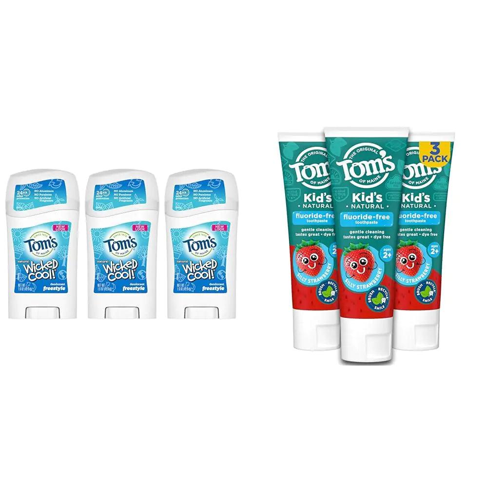 Tom's of Maine Aluminum-Free Wicked Cool! Natural Deodorant for Kids 3-Pack, Fluoride Free Children's Toothpaste Silly Strawberry 5.1 oz 3-Pack Freestyle 3 Count (Pack of 1) Deodorant + Toothpaste 5.1 oz. 3-Pack - Evallys.com # #