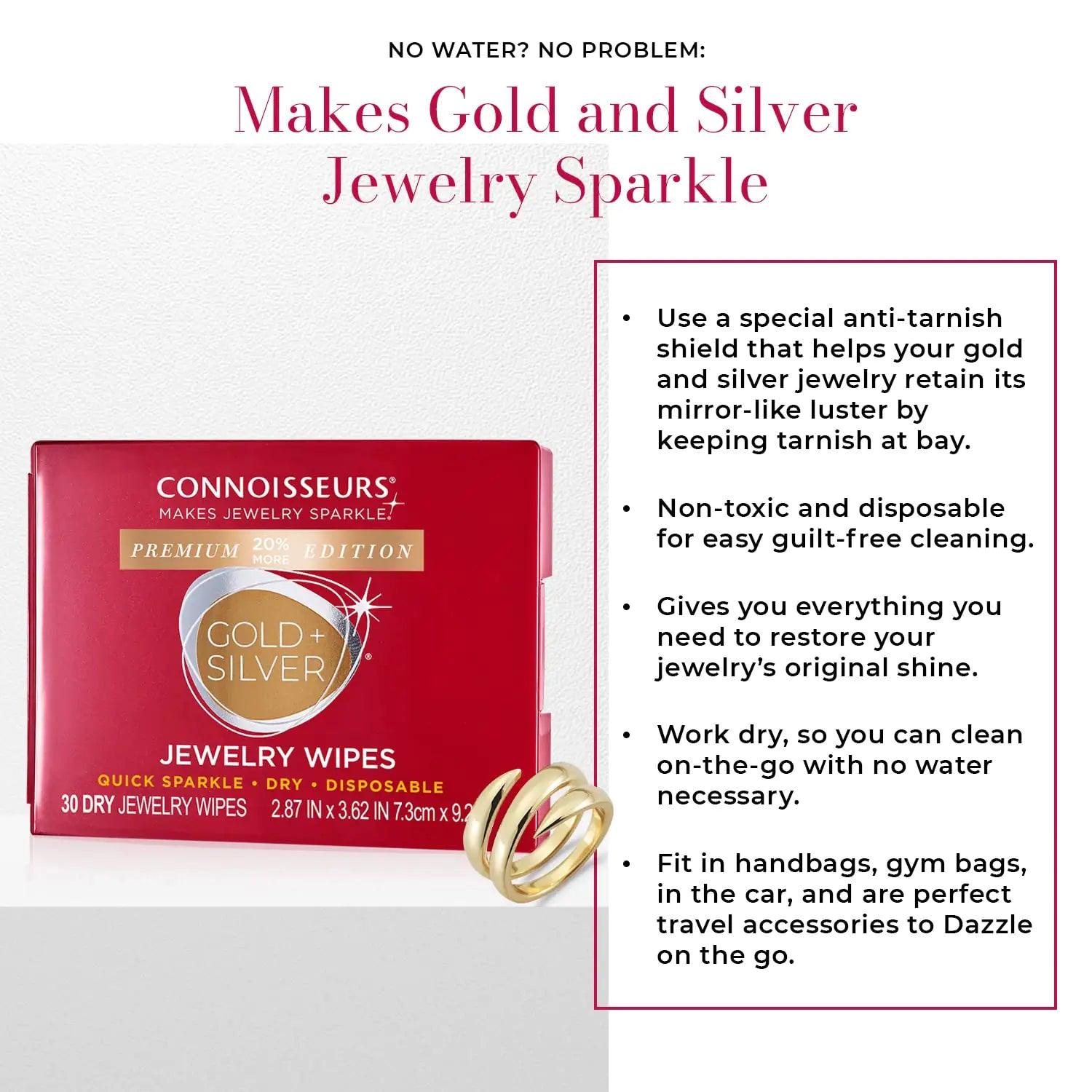 CONNOISSEURS Premium Edition Compact Jewelry Wipes -20% More, No Rinse Gold and Silver Jewelry Cleaner, Polish and Remove Tarnish to Restore Brilliance, Dry Disposable Wipes, 30 Count - Evallys.com # #