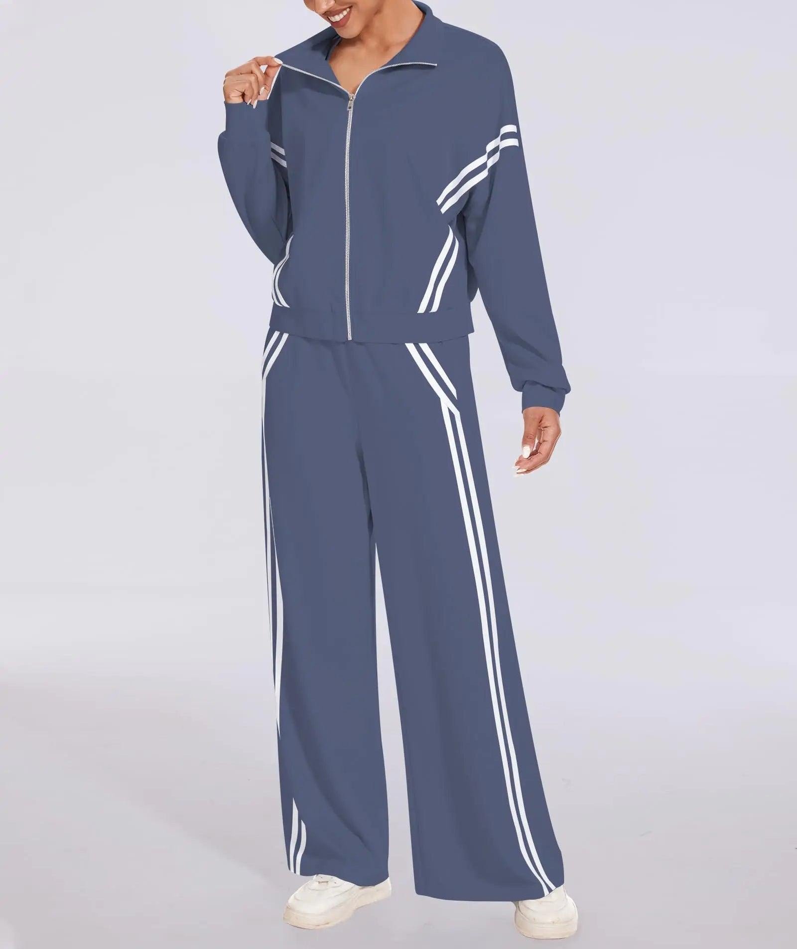 Women's 2 Piece Outfits Zip Up Sweatshirt Contrast Striped Wide Leg Sweatpants Suits Jogger Travel Matching Set Grey Blue X-Small - Evallys.com # #