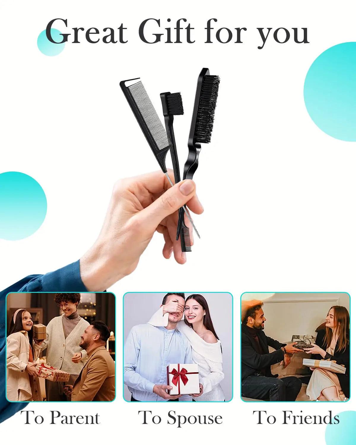 Hair Styling Brush Set - Slick Back Comb, Edge Control Brush, Rat Tail Comb for Smooth Styling, Frizz Taming, and Parting (3 Pieces) 3 Pieces (Black) - Evallys.com # #