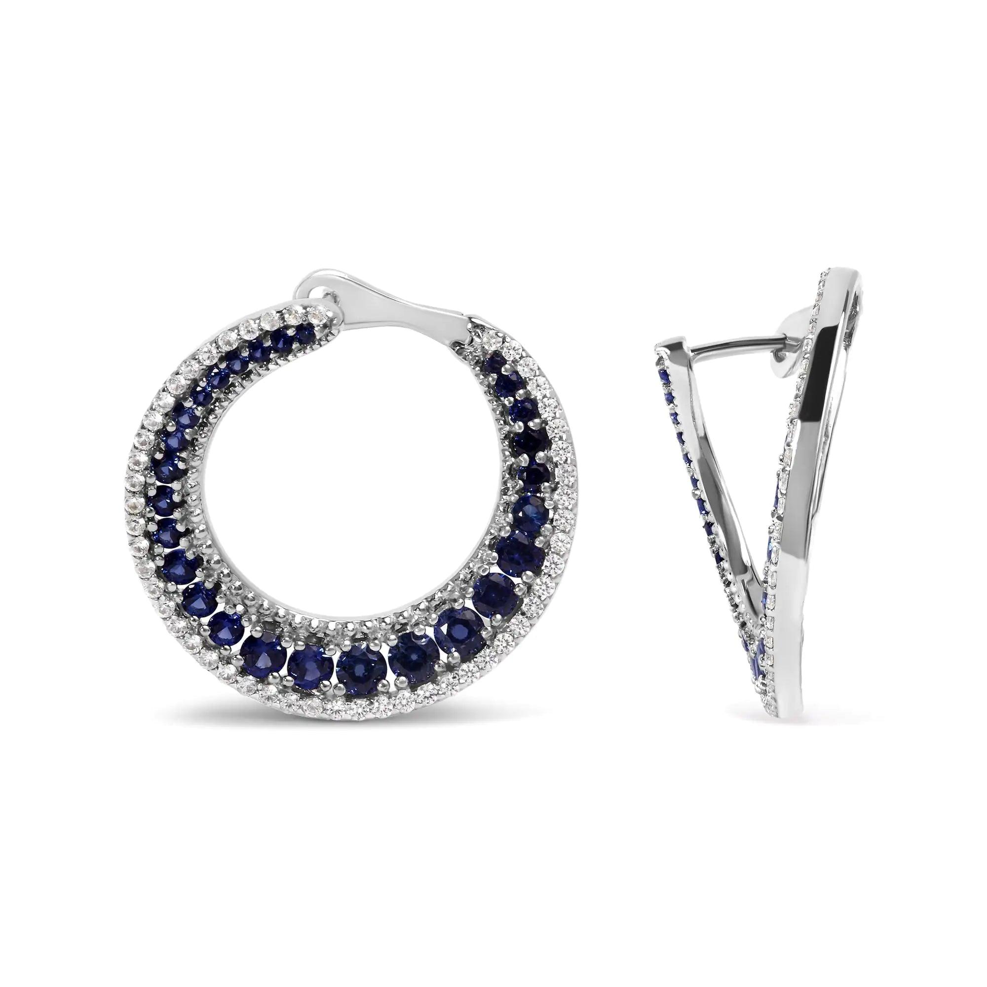 .925 Sterling Silver 2 3/4 Cttw Created Blue Sapphire Crescent Moon Disc Style Hoop Earrings - AAA Quality - Evallys.com # #