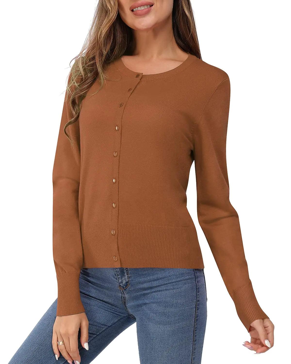 Newshows Women's 2024 Lightweight Button Down Long Sleeve Casual Crew Neck Soft Knit Fall Cardigan Sweater Tops Camels XX-Large - Evallys.com # #