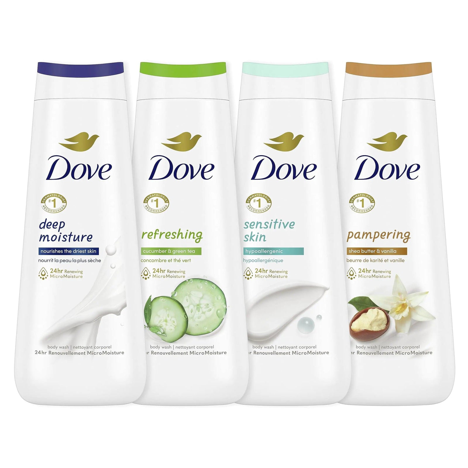 Dove Body Wash Deep Moisture, Sensitive Skin, Cucumber and Green Tea, and Shea Butter & Vanilla 4 Count Collection with Deep Moisture 4 Count For Dry Skin 20 oz Body Wash + Body Wash Deep Moisture 4 Count - Evallys.com # #