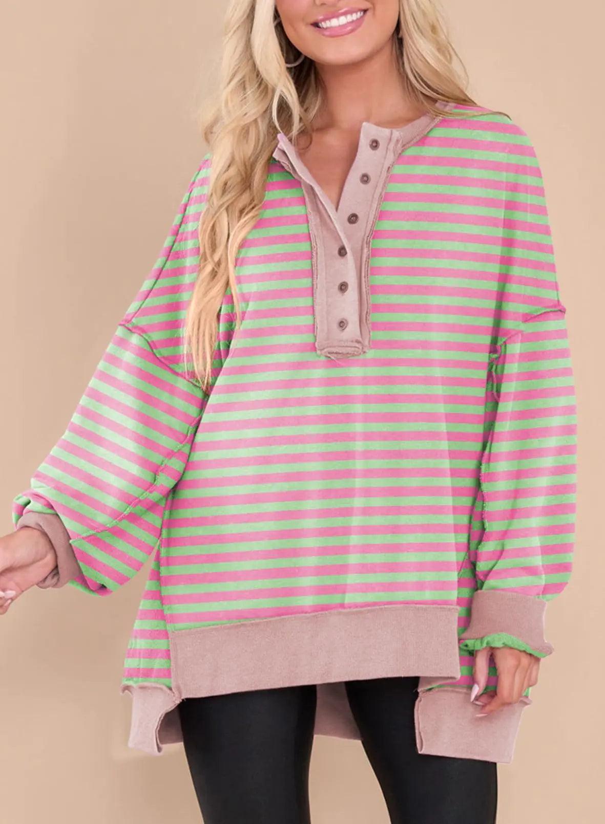 AlvaQ Women's Oversized Sweatshirt Casual Long Sleeve Button Henley Neck Pullover Tunic Tops Outfits Small Striped Pink - Evallys.com # #