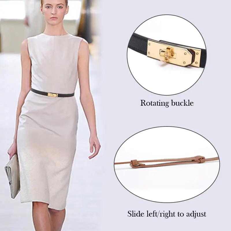 Women's Skinny Leather Belt with Adjustable Silver Turn-Lock Buckle - Ideal for Dresses, Jeans, and Coats, Black White / Gold - Evallys.com # #