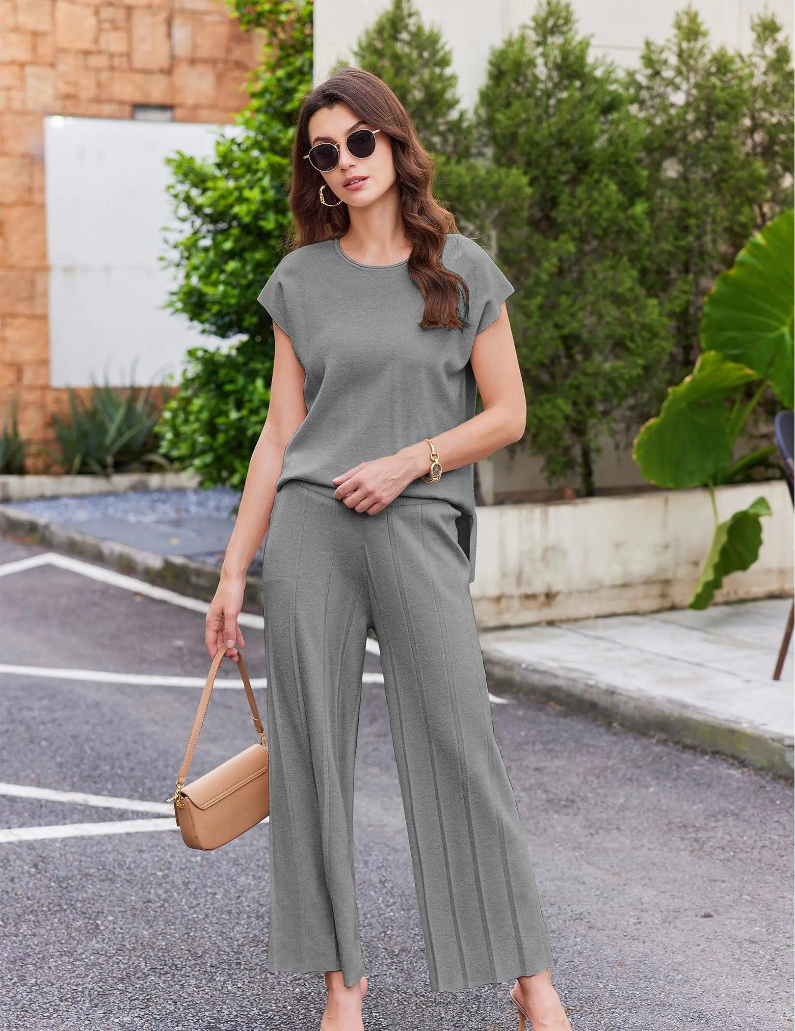 Ekouaer Lounge Sets for Women Two Piece Outfits Knit Cap Sleeve Tops Wide Leg Pleated Pants Casual Dressy Sweater Sets Light Gray XX-Large - Evallys.com # #