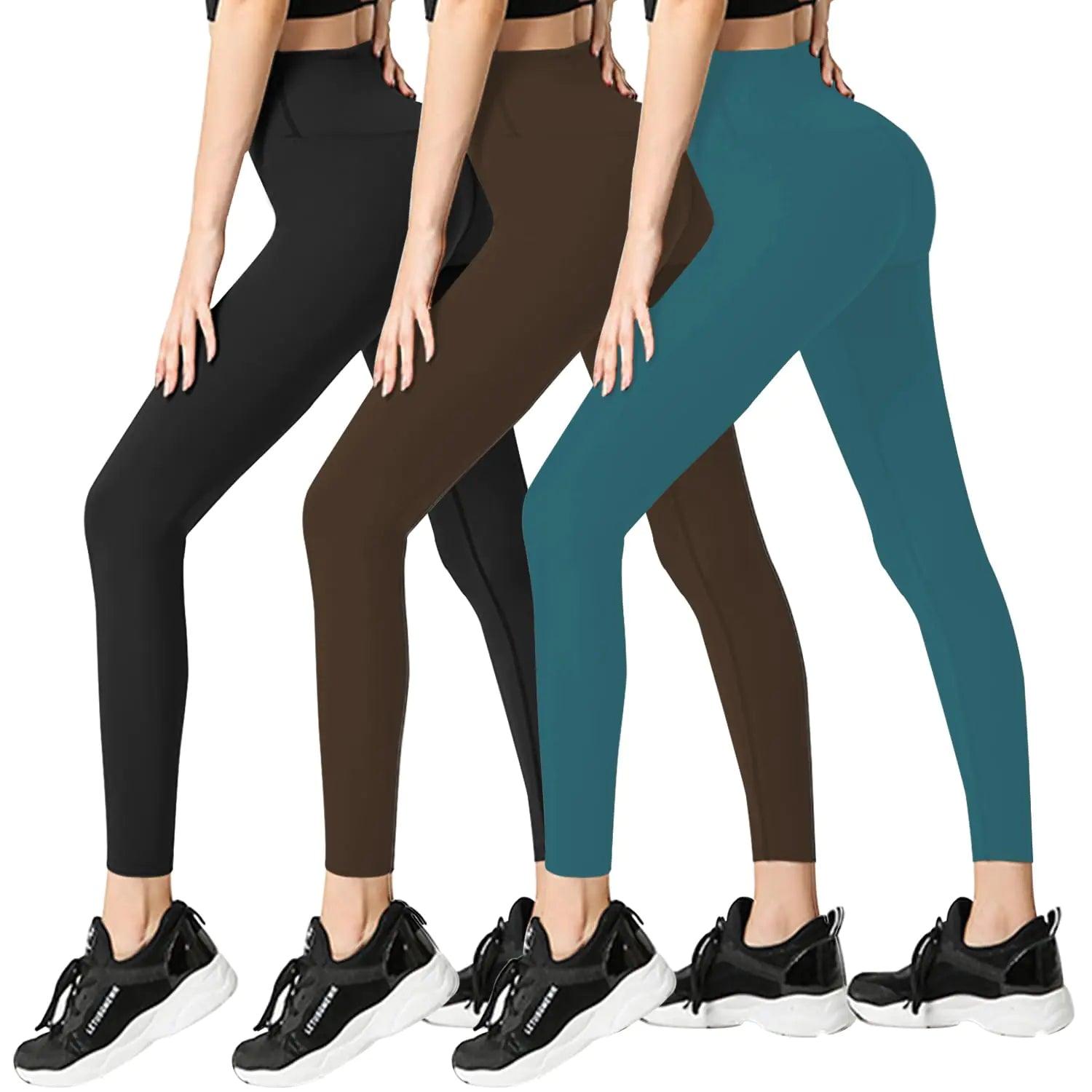 FULLSOFT 3 Pack Leggings for Women High Waisted Soft Tummy Control Yoga Pants for Workout Athletic Running Reg & Plus Size XX-Large-3X-Large 3 Pack Black,brown,dark Green - Evallys.com # #