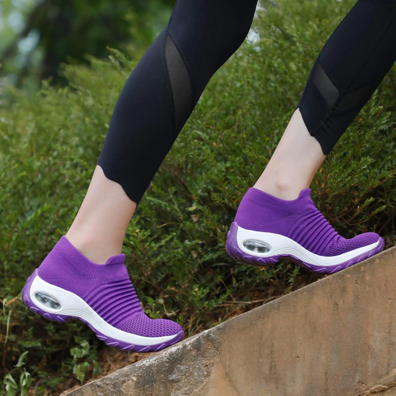 HKR Women's Walking Shoes Arch Support Non Slip Work Shoes Breathable Knit Upper Lightweight for Plantar Fasciitis 6.5 Purple - Evallys.com # #