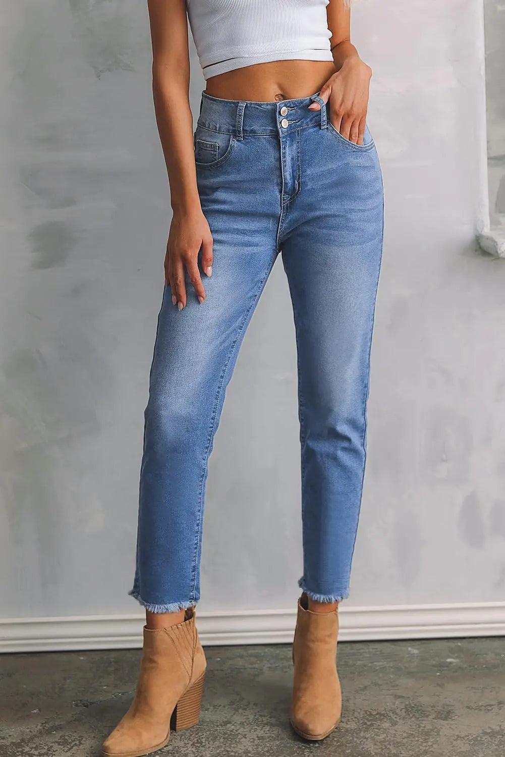 Sidefeel Women's High Waisted Jeans Strechy Raw Hem Straight Leg Denim Pants with Pockets 18 Mist Blue - Evallys.com # #