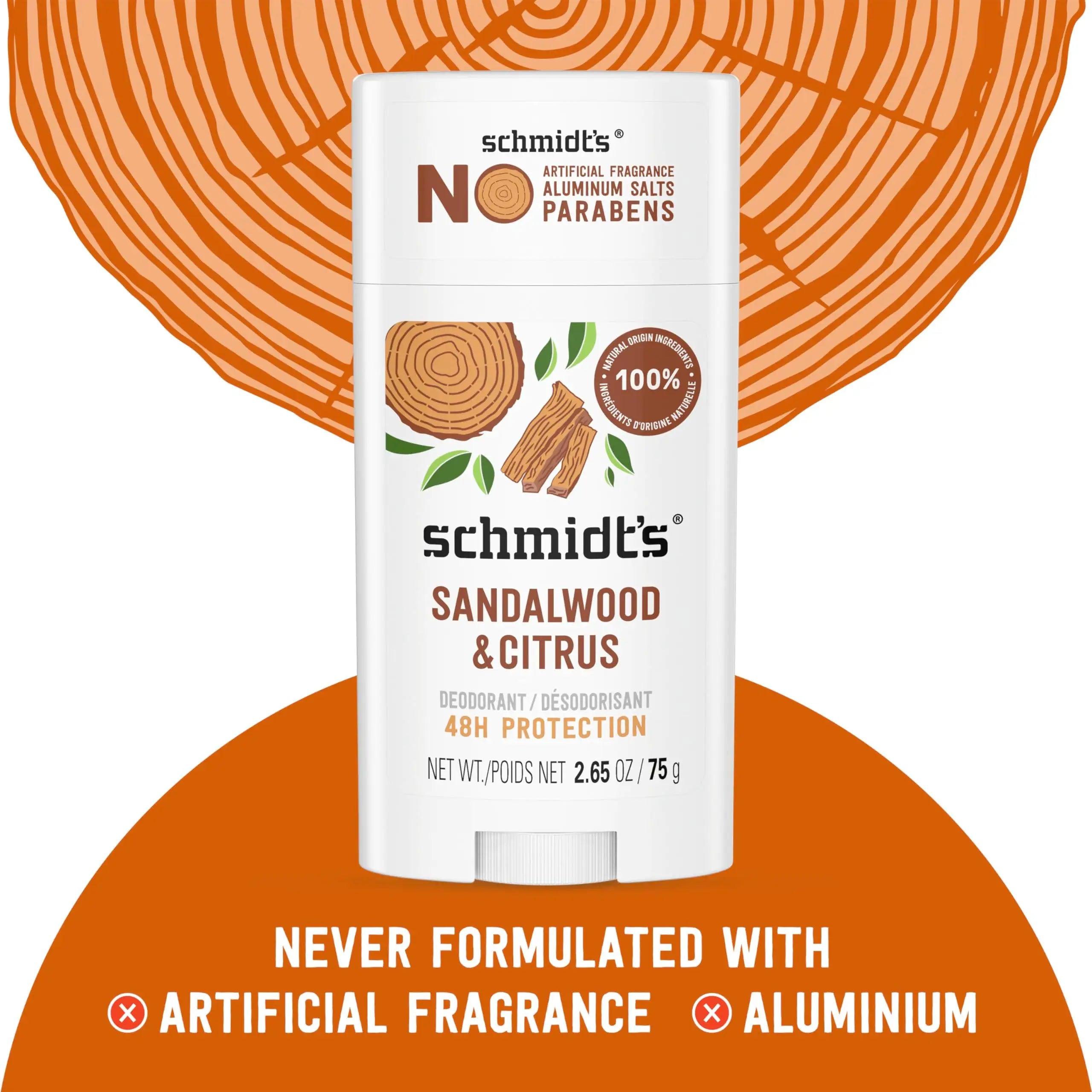 Schmidt's Aluminum-Free Vegan Deodorant Sandalwood & Citrus 2 Count for Women and Men, with 24 Hour Odor Protection, Natural Ingredients, Cruelty-Free, 2.65 oz Sandalwood and Citrus 2.65 Ounce (Pack of 2) - Evallys.com # #