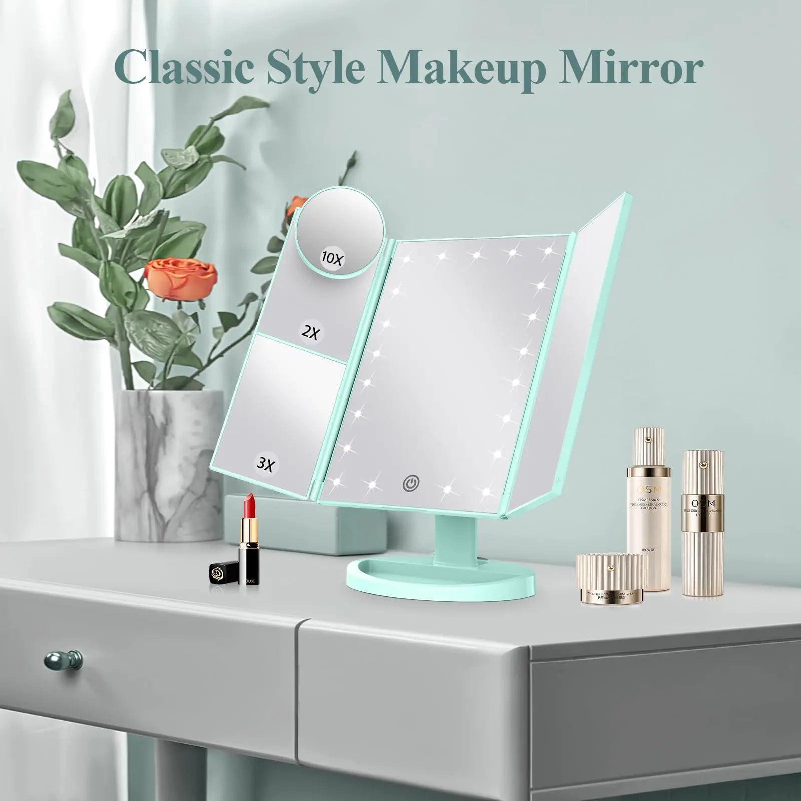 HUONUL Makeup Mirror Vanity with Lights, 2X 3X 10X Magnification, Lighted Mirror, Touch Control, Trifold Dual Power Supply, Portable LED Women Gift (Green) Green - Evallys.com # #