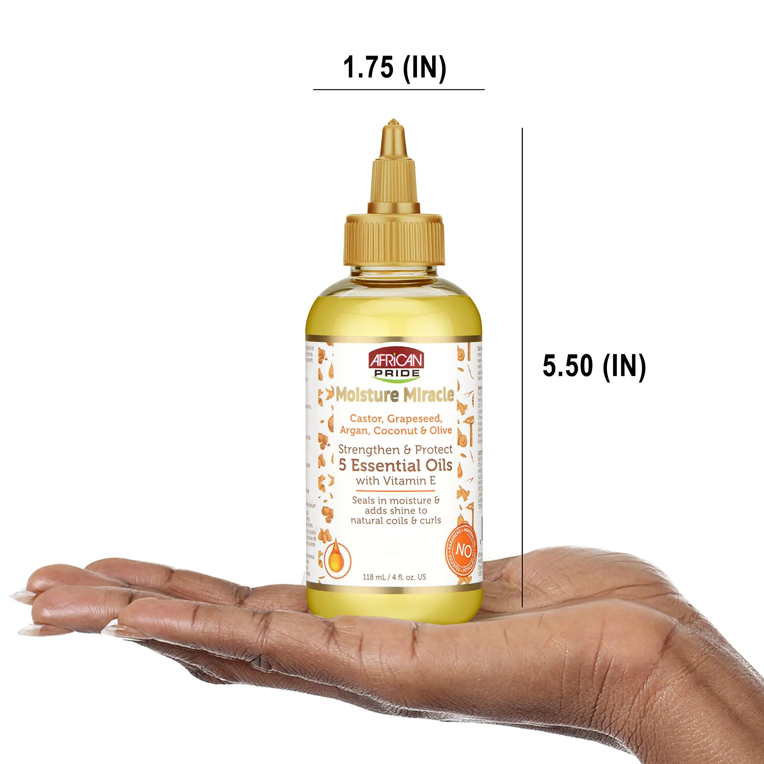 African Pride Moisture Miracle 5 Essential Oils - Contains Castor, Grapeseed, Argan, Coconut & Olive Oil, Seals in Moisture & Adds Shine to Hair, Vitamin E, 4 oz 4 Fl Oz (Pack of 1) - Evallys.com # #