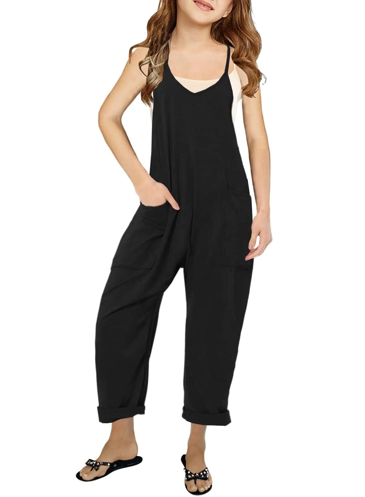 Cnkwei Girls' Casual Sleeveless Jumpsuits Spaghetti Strap Loose Romper Long Pants with Pockets 11-12 Years Modern Black - Evallys.com # #